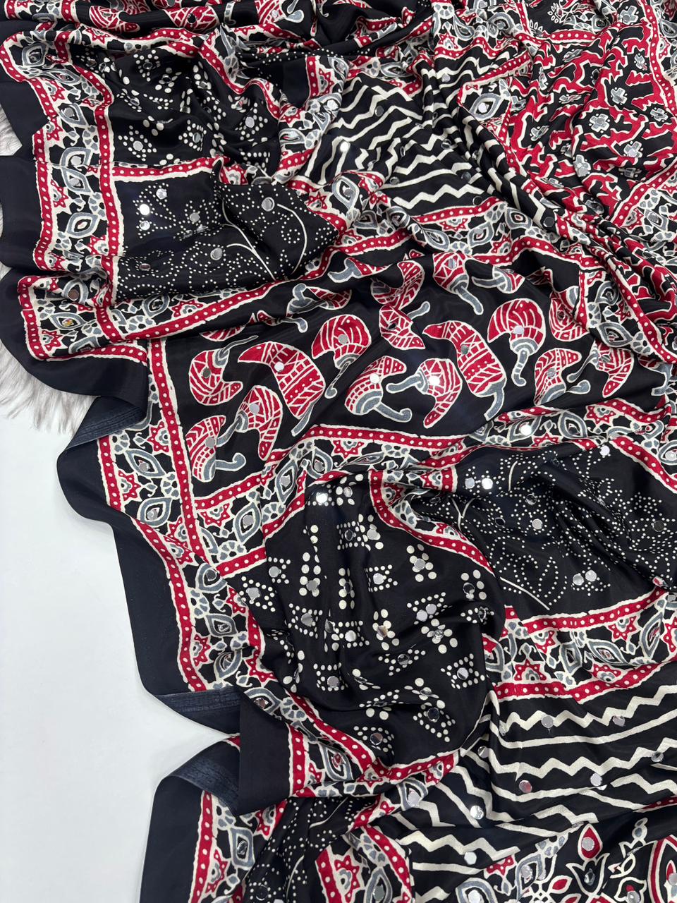 Lassitude Function Wear Pure Satin Silk Ajrak Printed Rich Pallu n Mirror Work Fancy Saree With Blissful Blouse Piece