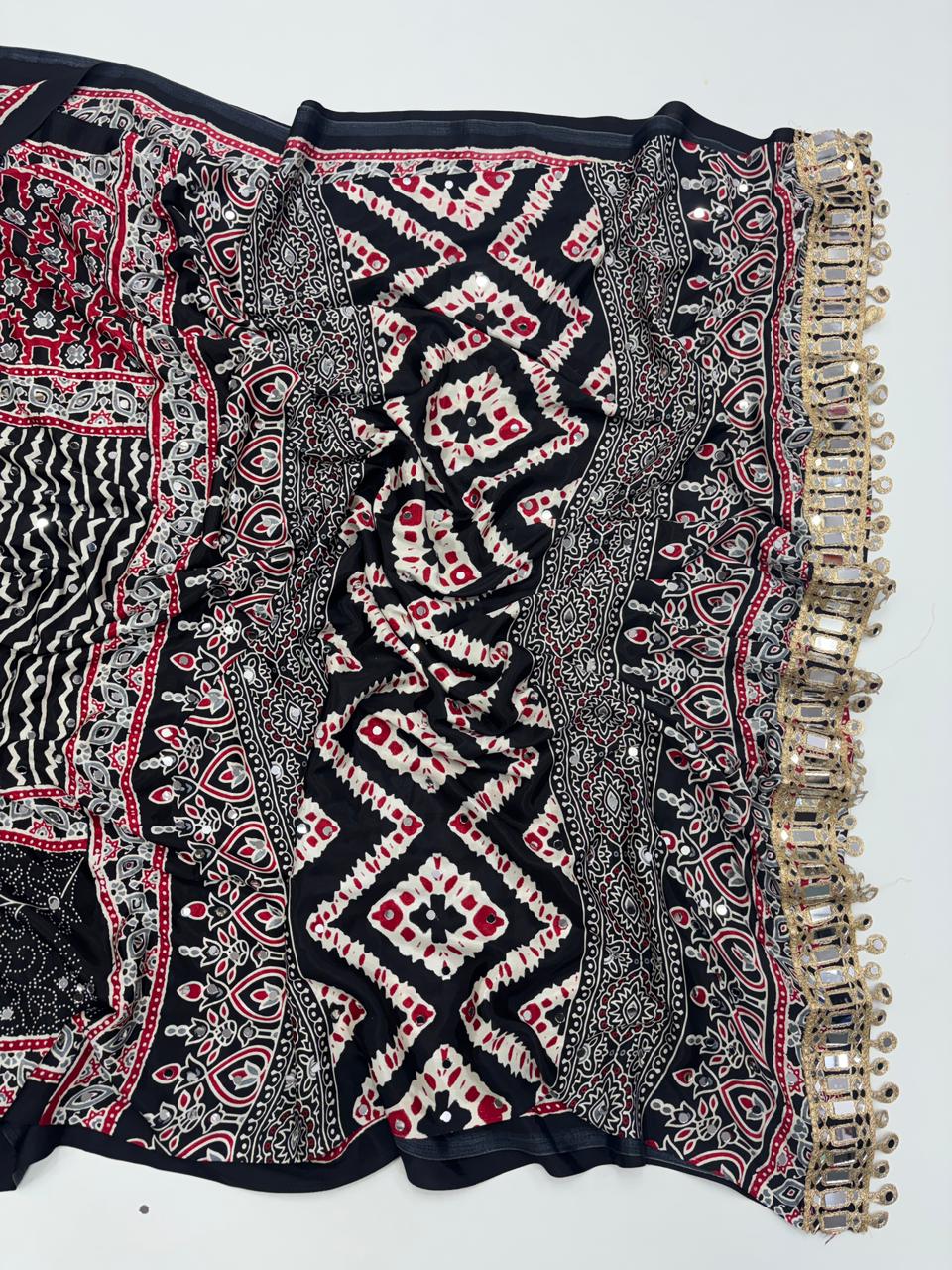Lassitude Function Wear Pure Satin Silk Ajrak Printed Rich Pallu n Mirror Work Fancy Saree With Blissful Blouse Piece
