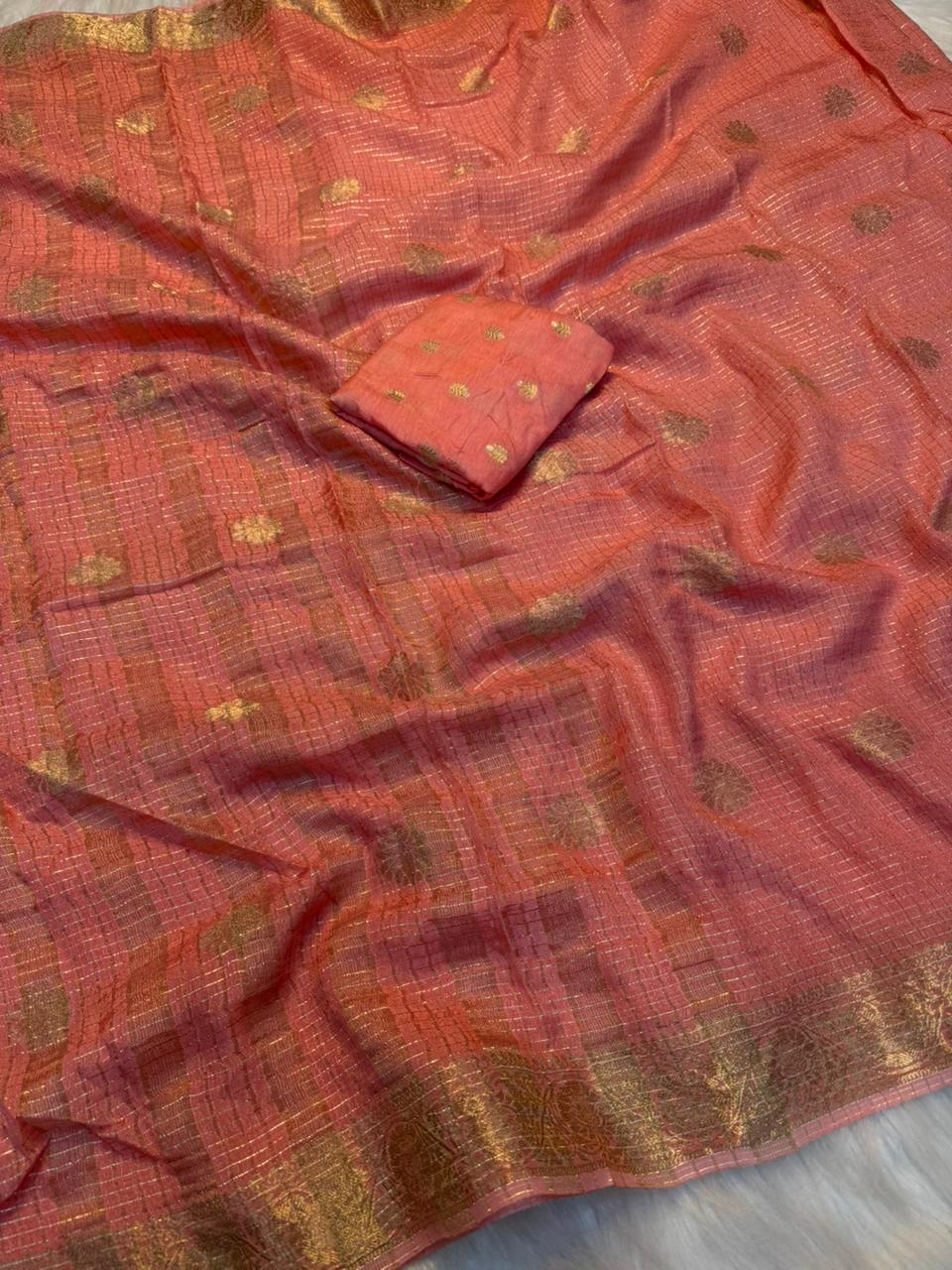 Alverina Festive Wear Pure Viscose Georgette Chex Pallu Zari Design Fancy Saree With Blouse Piece