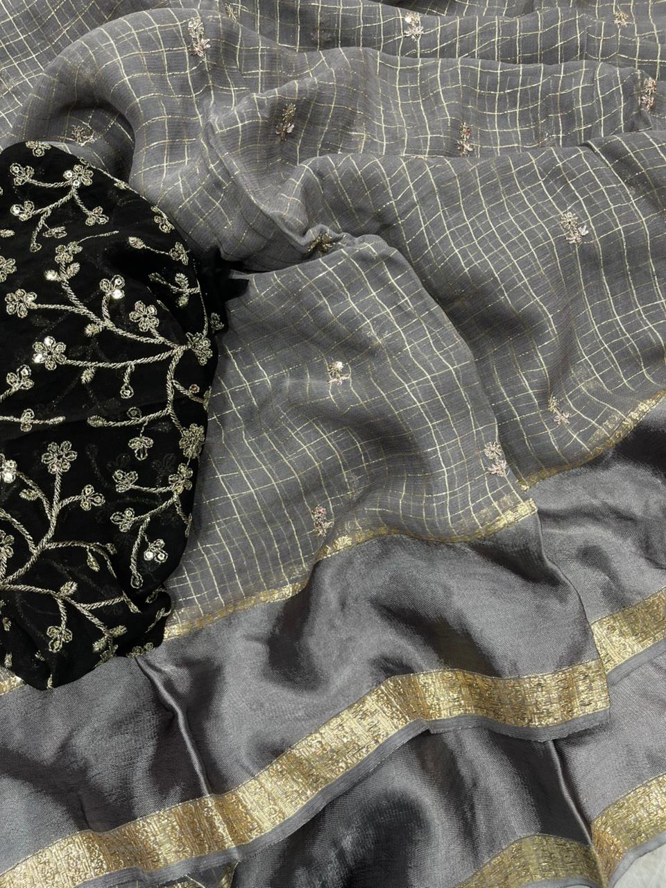 Stunning Party Wear Pure Soft Viscose Silk Golden Embroidered n Butti Work Fancy Designer Saree