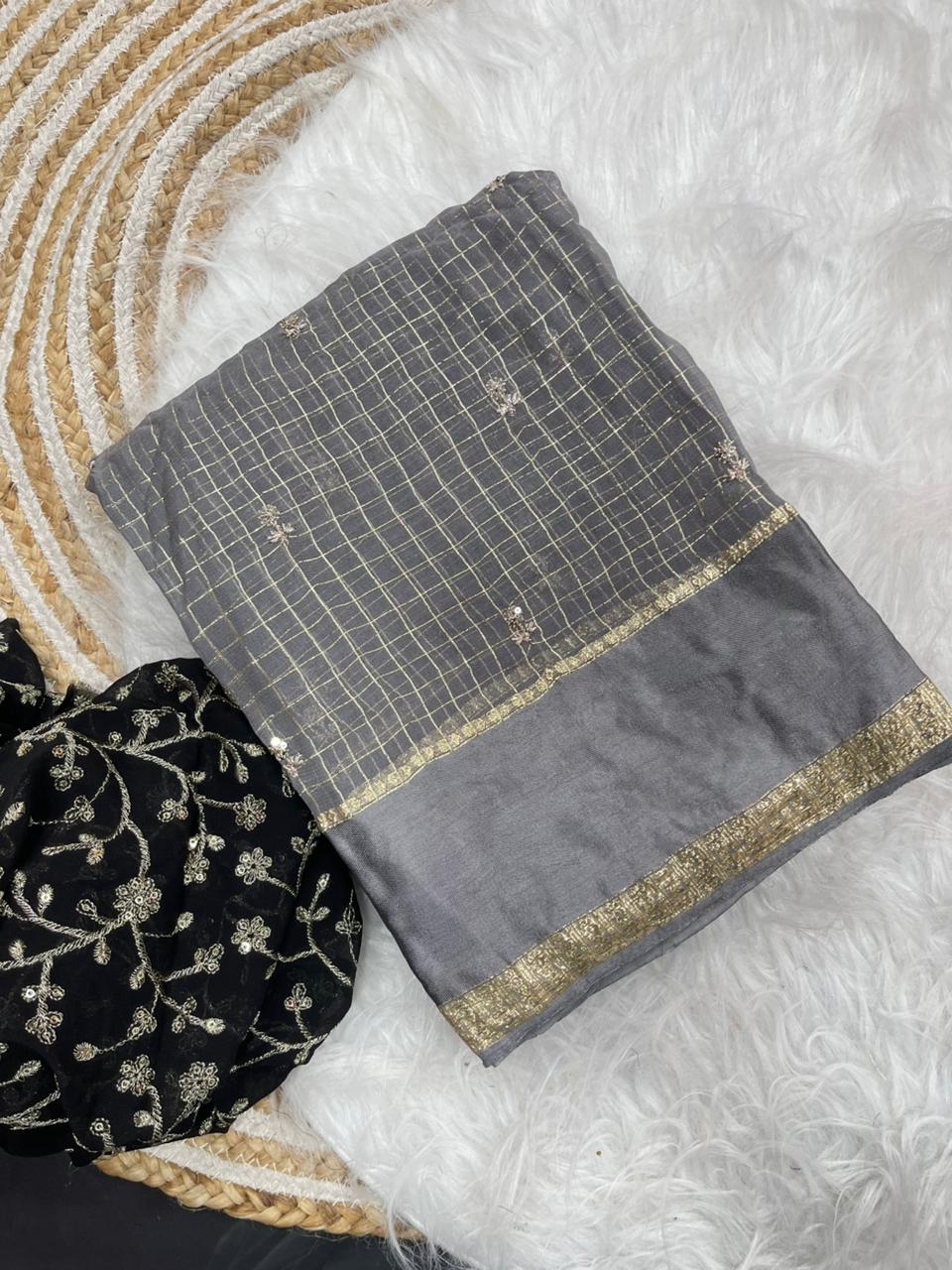 Stunning Party Wear Pure Soft Viscose Silk Golden Embroidered n Butti Work Fancy Designer Saree