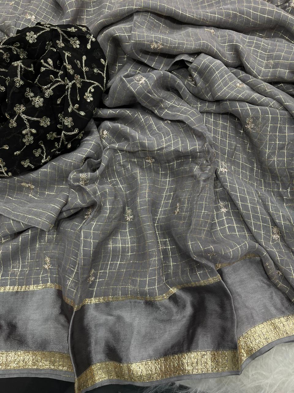Stunning Party Wear Pure Soft Viscose Silk Golden Embroidered n Butti Work Fancy Designer Saree