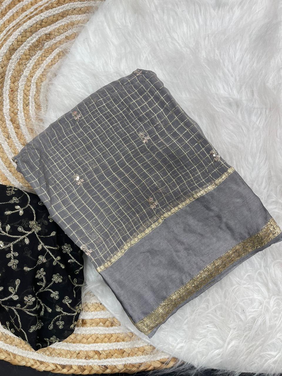 Stunning Party Wear Pure Soft Viscose Silk Golden Embroidered n Butti Work Fancy Designer Saree