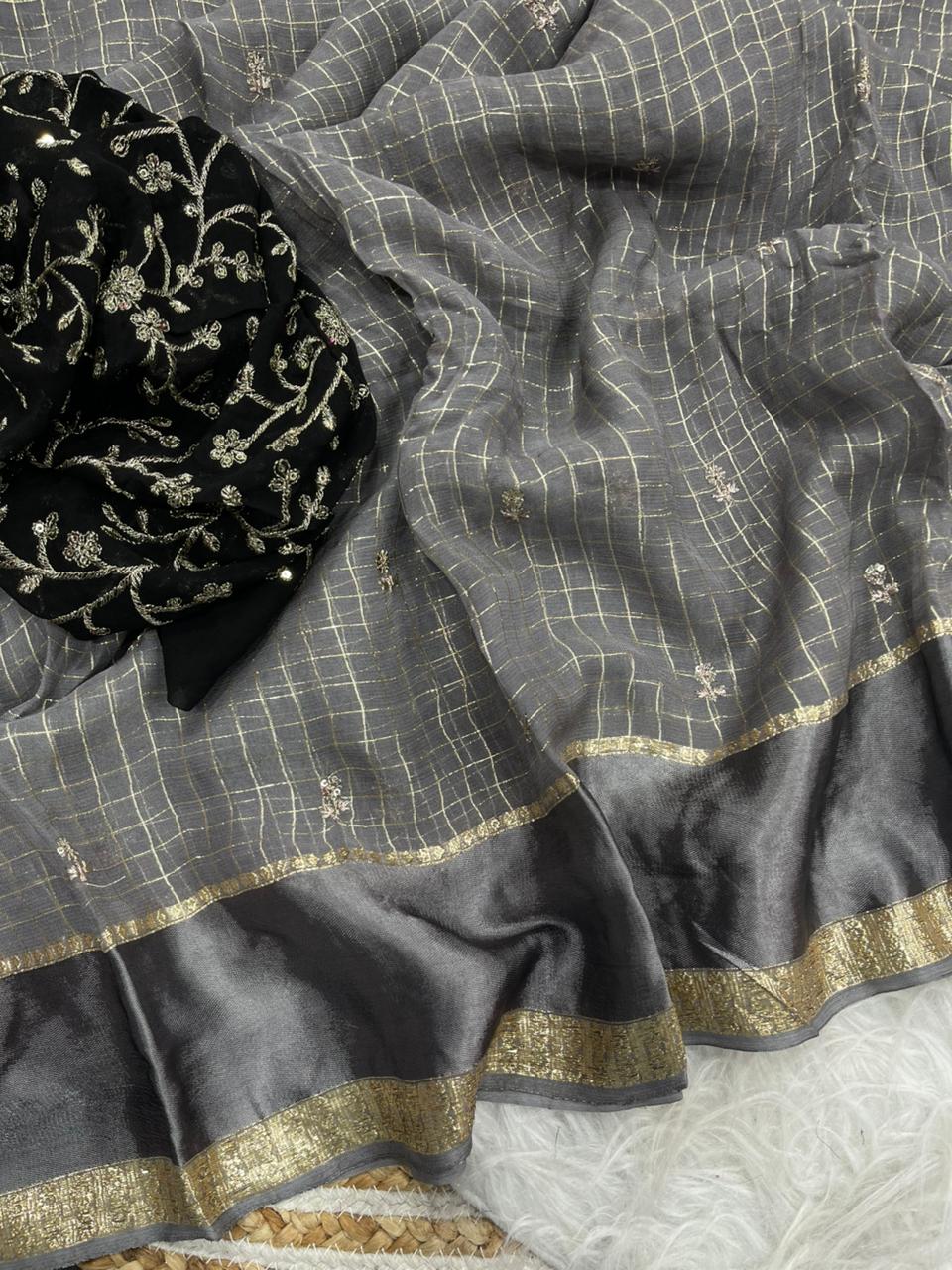 Stunning Party Wear Pure Soft Viscose Silk Golden Embroidered n Butti Work Fancy Designer Saree
