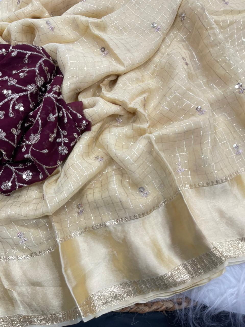 Stunning Party Wear Pure Soft Viscose Silk Golden Embroidered n Butti Work Fancy Designer Saree
