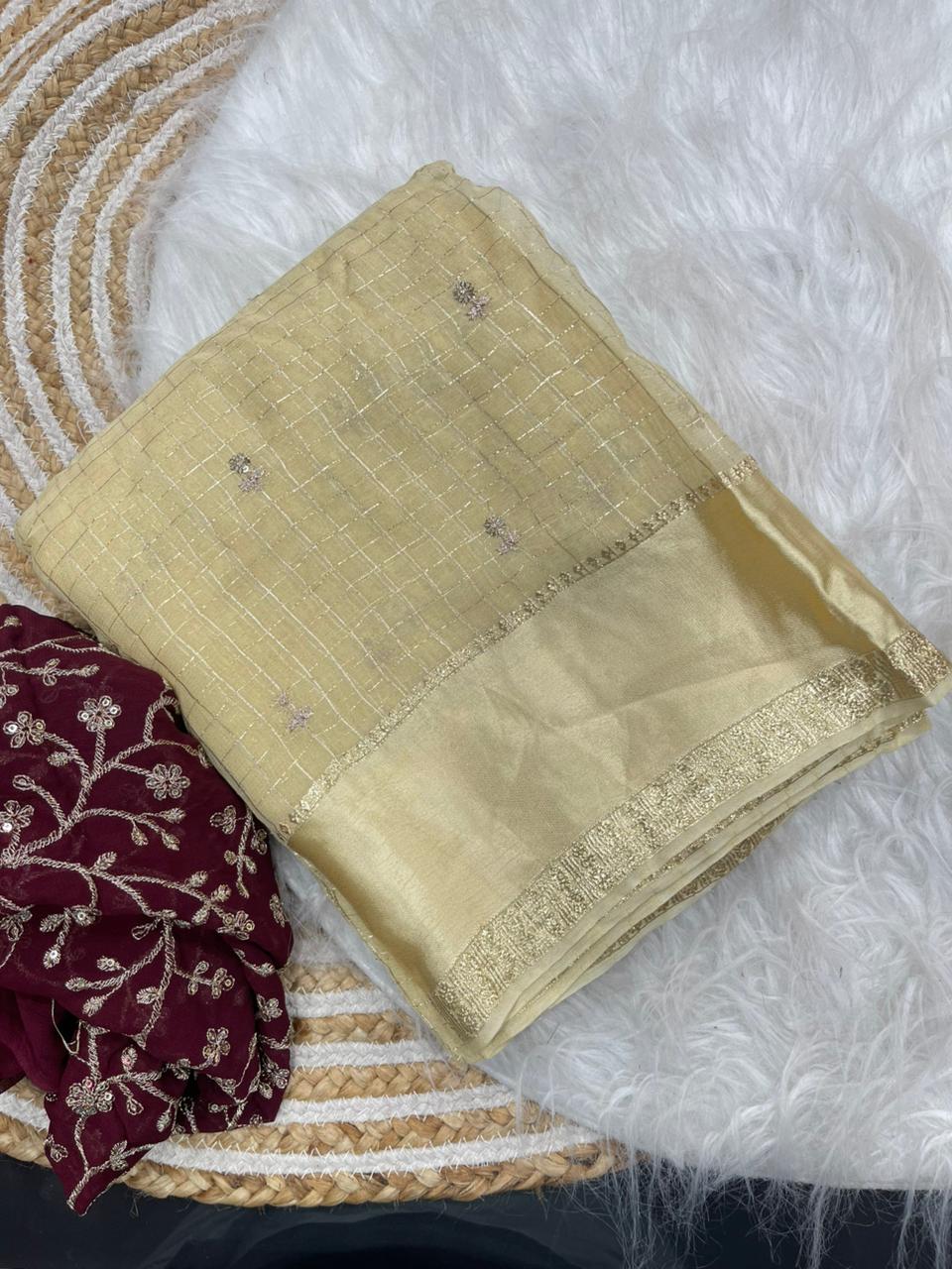 Stunning Party Wear Pure Soft Viscose Silk Golden Embroidered n Butti Work Fancy Designer Saree