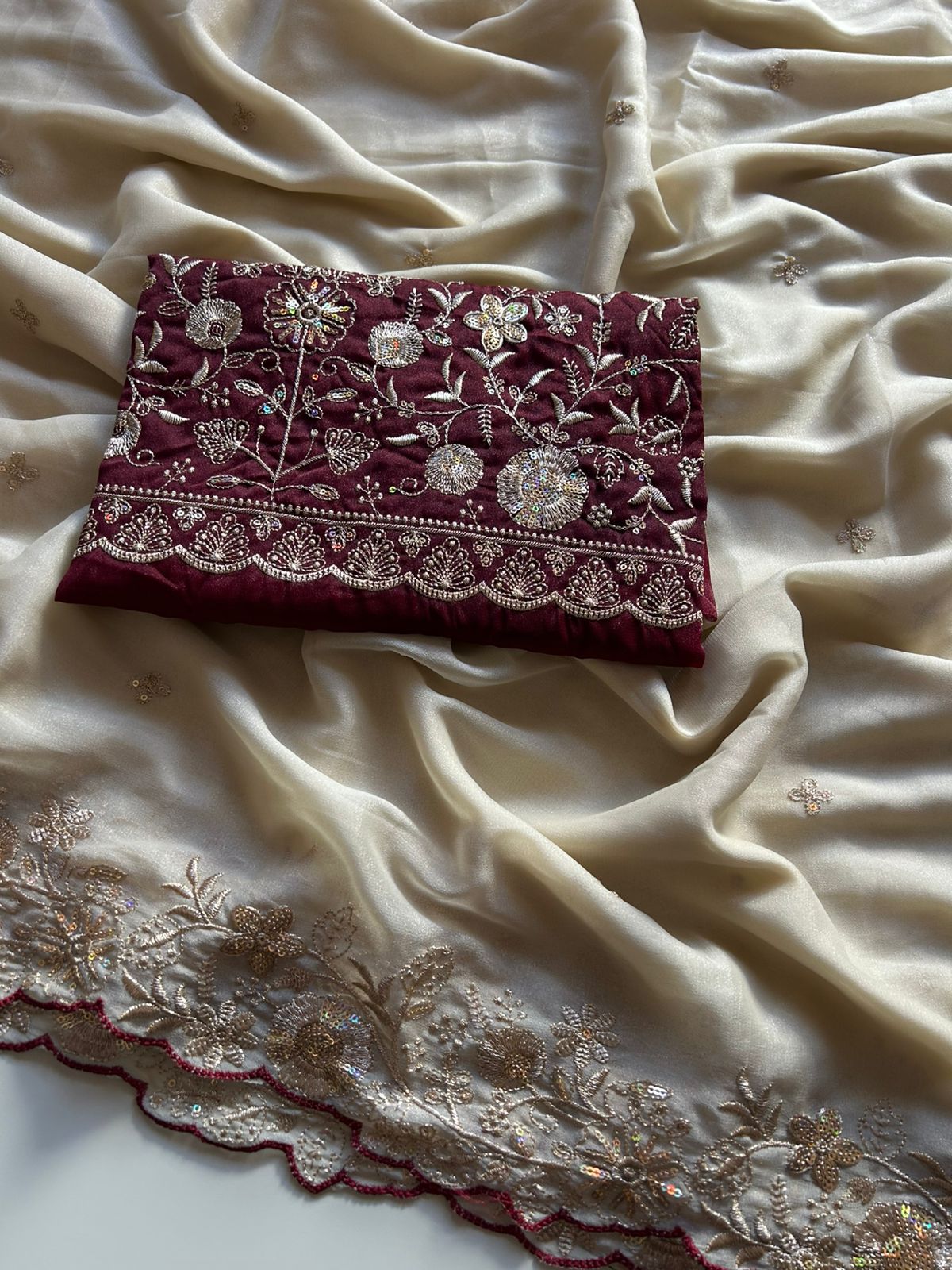 Imaginative Festive Wear Georgette Sequence Embroidery Work Saree With Contrast Blouse piece