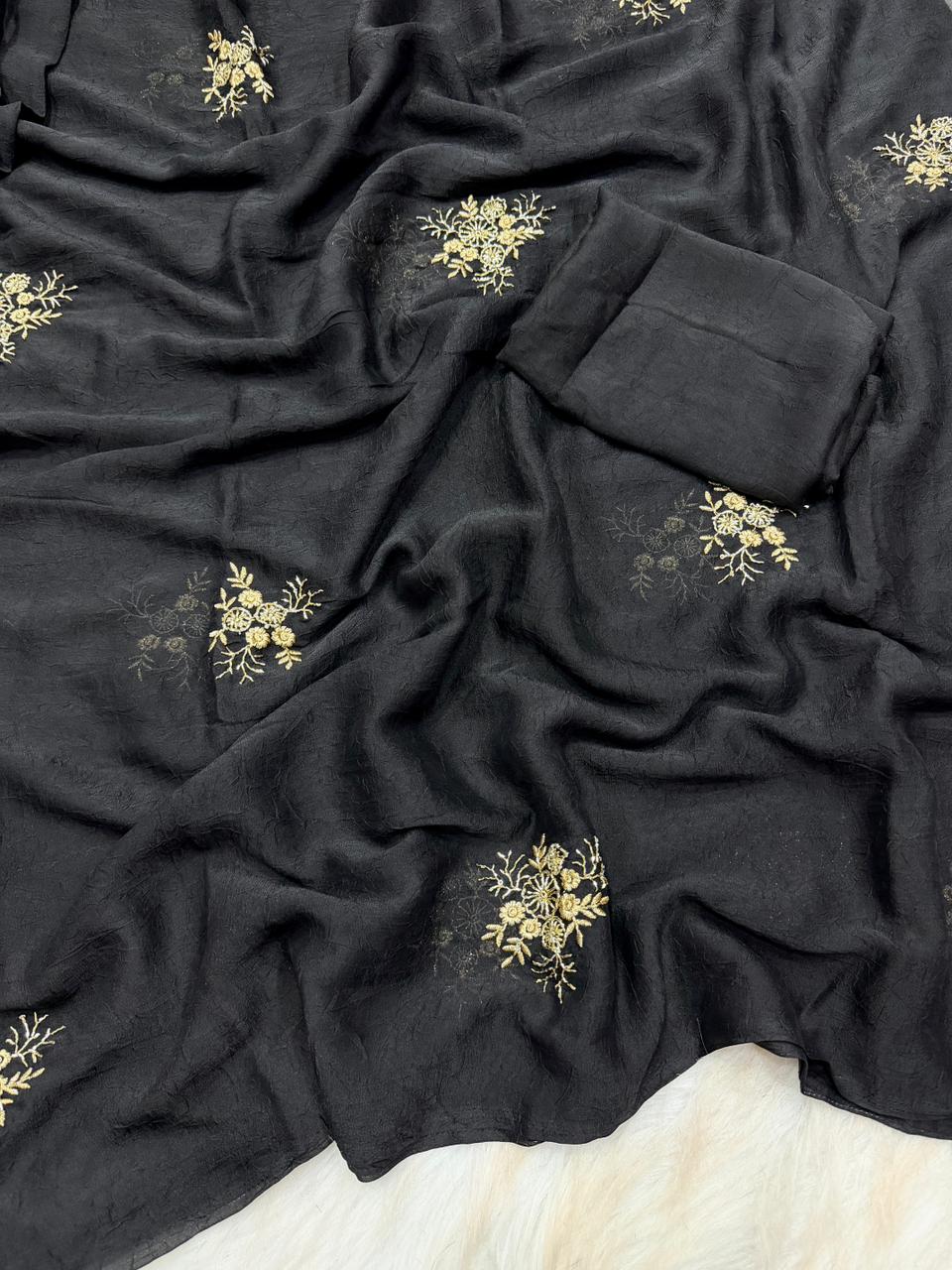 Fantabulous Party Wear Soft Crush Silk Embroidery Work Fancy Saree With Blouse Piece