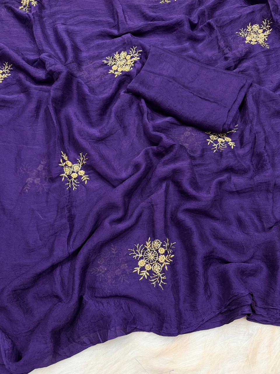 Fantabulous Party Wear Soft Crush Silk Embroidery Work Fancy Saree With Blouse Piece