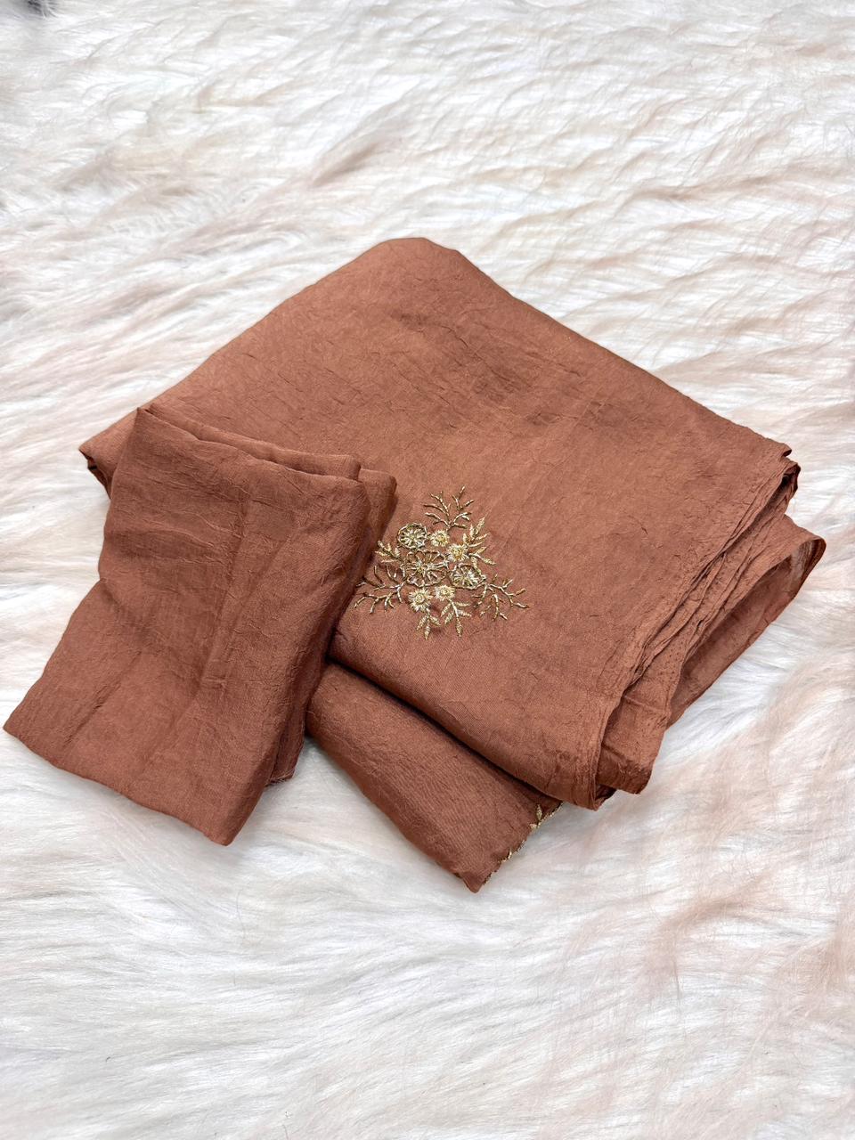 Fantabulous Party Wear Soft Crush Silk Embroidery Work Fancy Saree With Blouse Piece