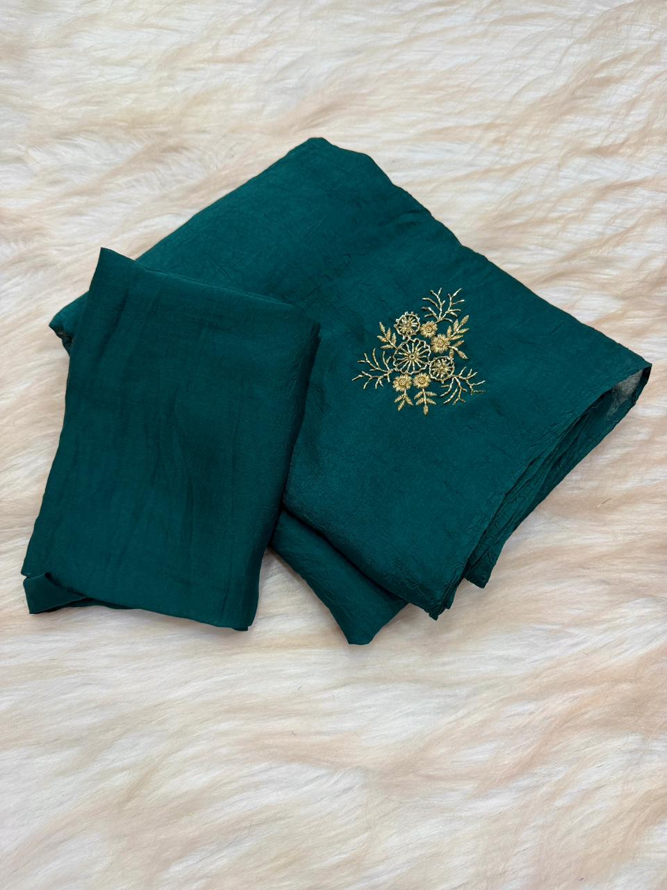 Fantabulous Party Wear Soft Crush Silk Embroidery Work Fancy Saree With Blouse Piece