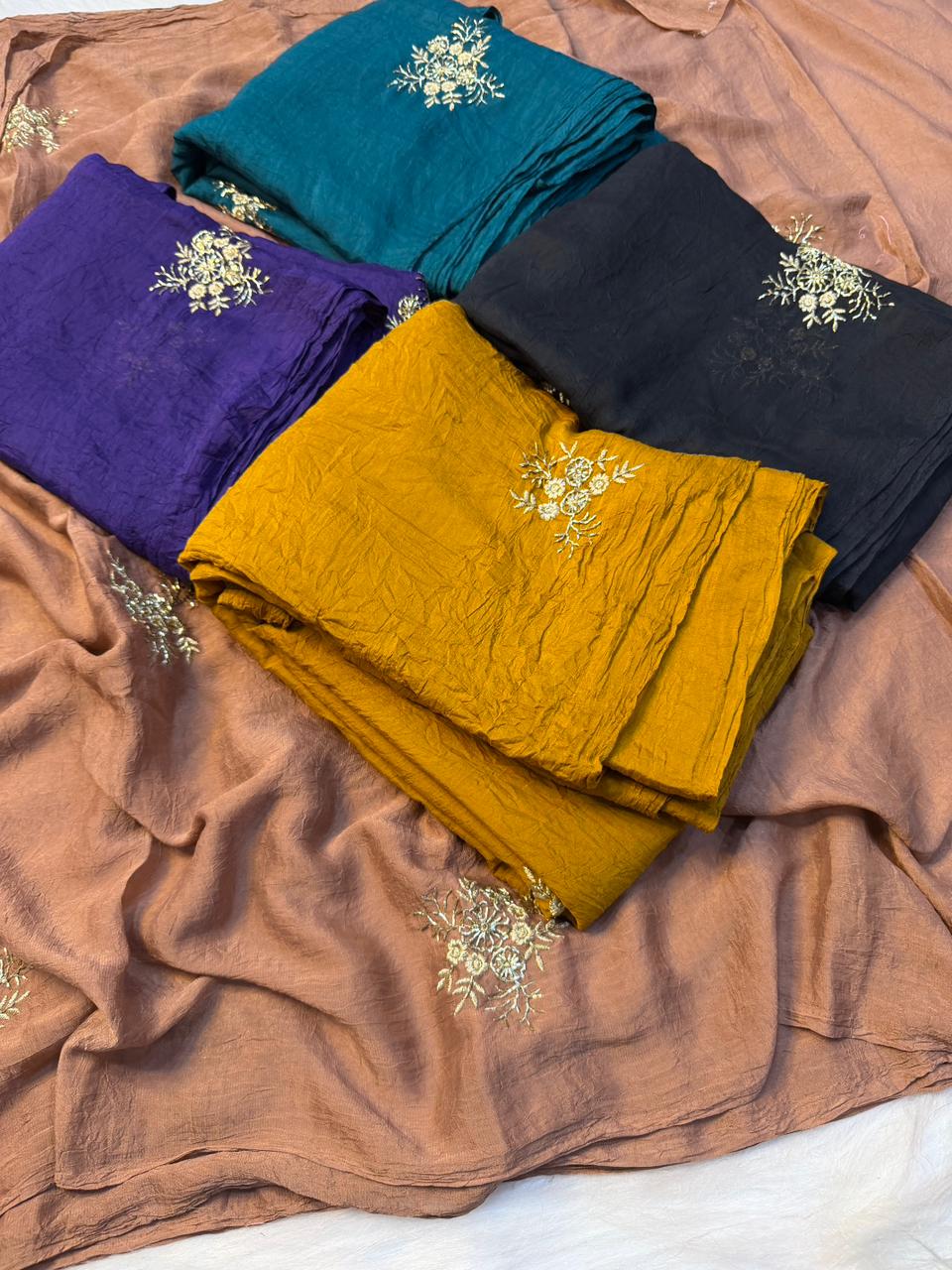 Fantabulous Party Wear Soft Crush Silk Embroidery Work Fancy Saree With Blouse Piece
