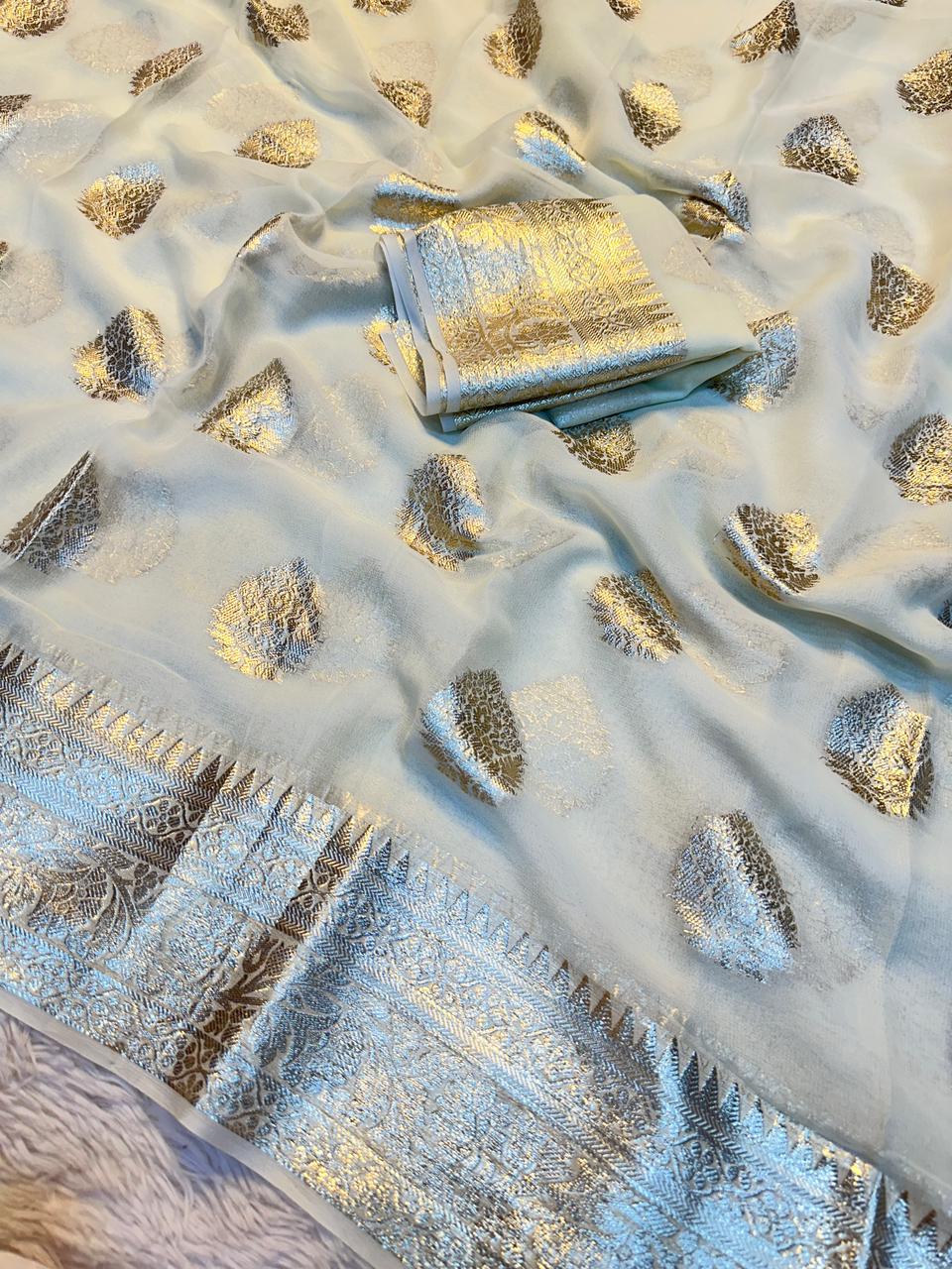 Alverina Function Wear Viscose Georgette Jacquard Zari Work Saree With Matching Blouse Piece