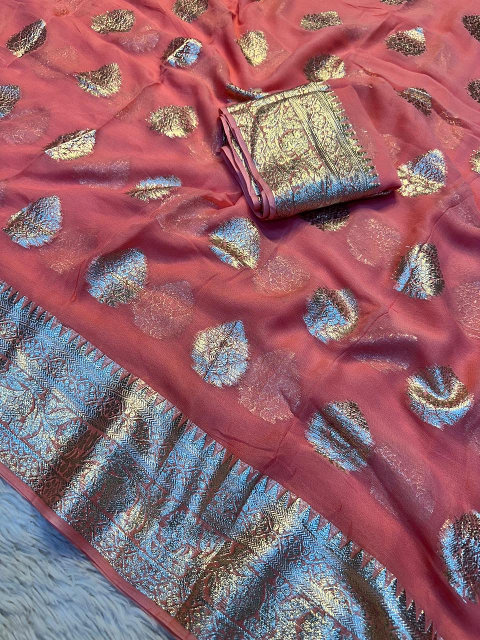 Alverina Function Wear Viscose Georgette Jacquard Zari Work Saree With Matching Blouse Piece