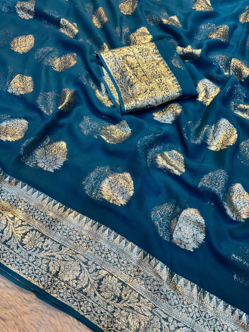 Alverina Function Wear Viscose Georgette Jacquard Zari Work Saree With Matching Blouse Piece