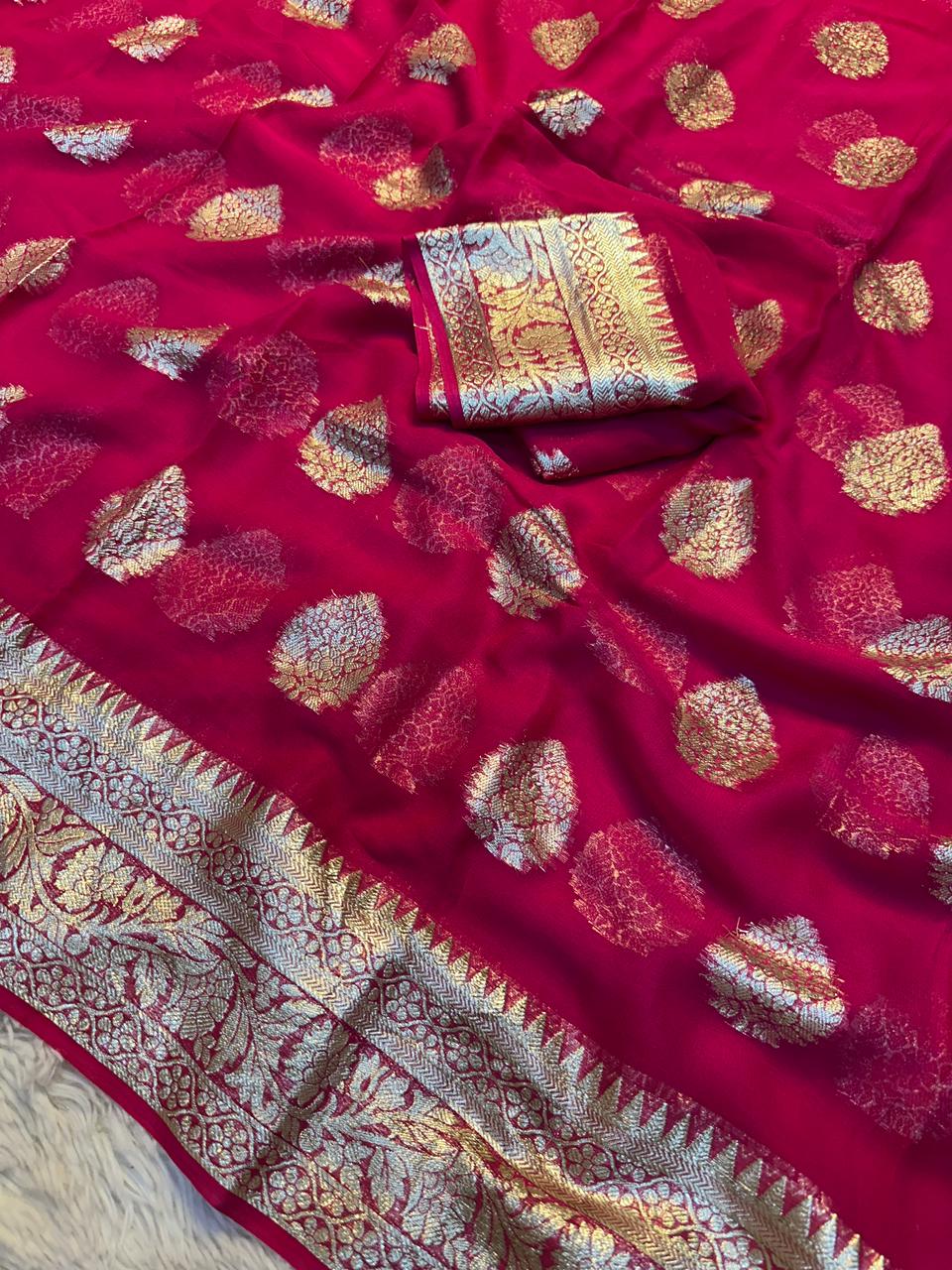 Alverina Function Wear Viscose Georgette Jacquard Zari Work Saree With Matching Blouse Piece