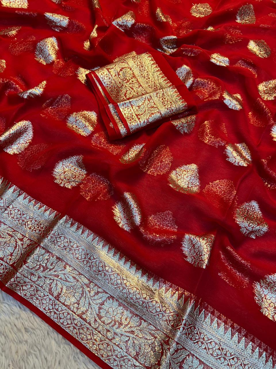 Alverina Function Wear Viscose Georgette Jacquard Zari Work Saree With Matching Blouse Piece