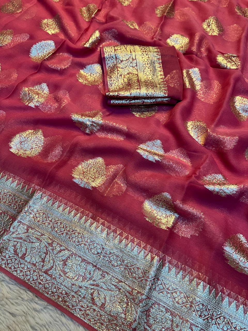 Alverina Function Wear Viscose Georgette Jacquard Zari Work Saree With Matching Blouse Piece