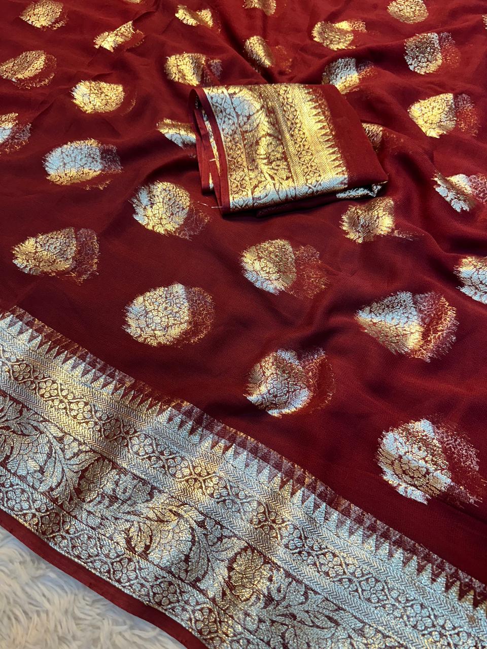 Alverina Function Wear Viscose Georgette Jacquard Zari Work Saree With Matching Blouse Piece
