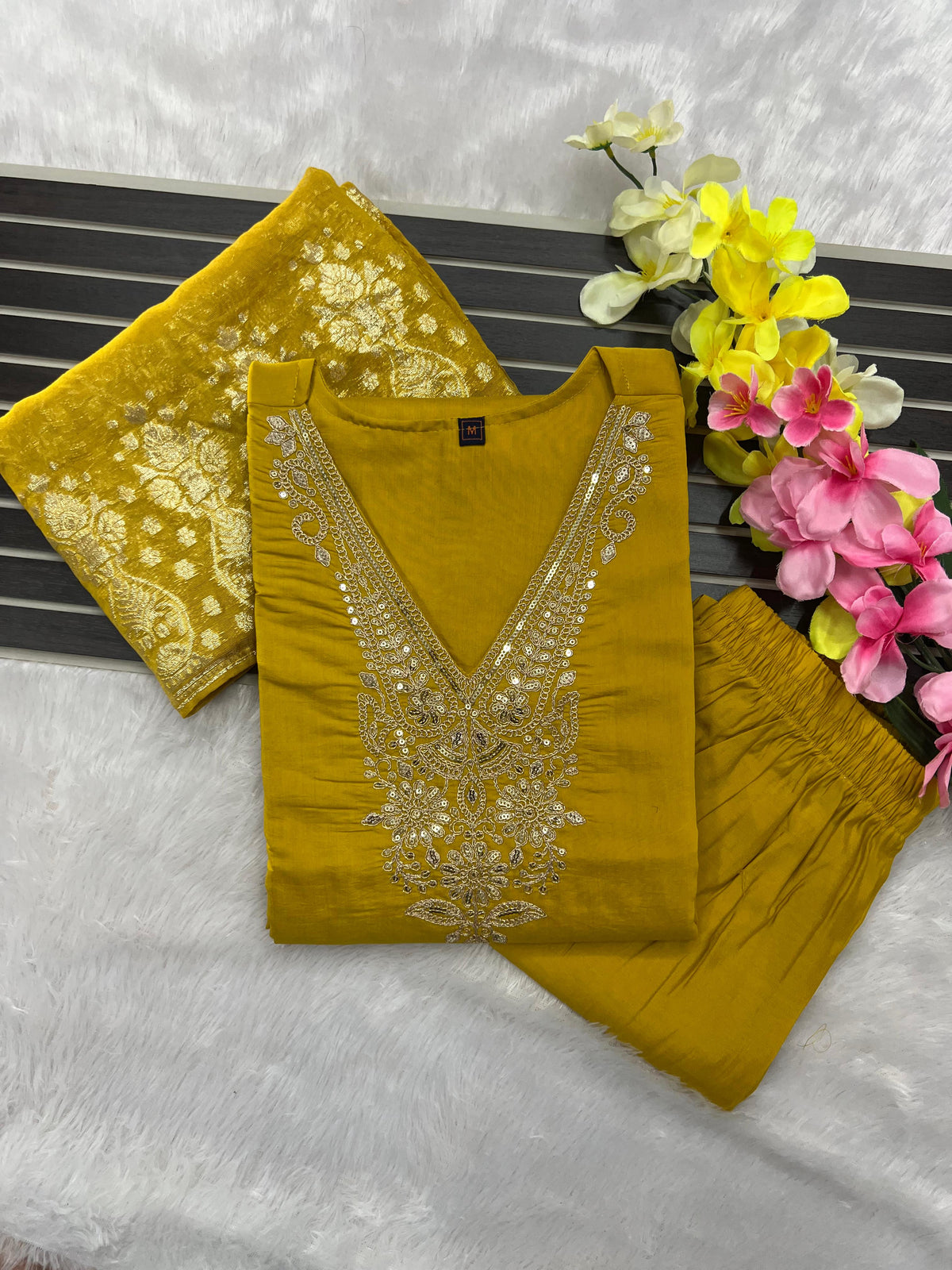 New Wedding Wear Cotton Embroidery n Sequence Work Designer Straight Kurta With Trouser Dupatta Set