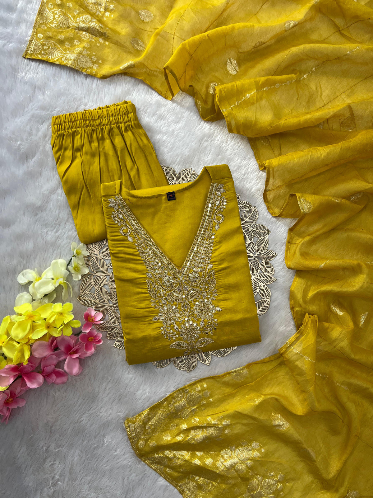 New Wedding Wear Roman Silk Embroidery n Sequence Work Designer Straight Kurta With Trouser Dupatta Set