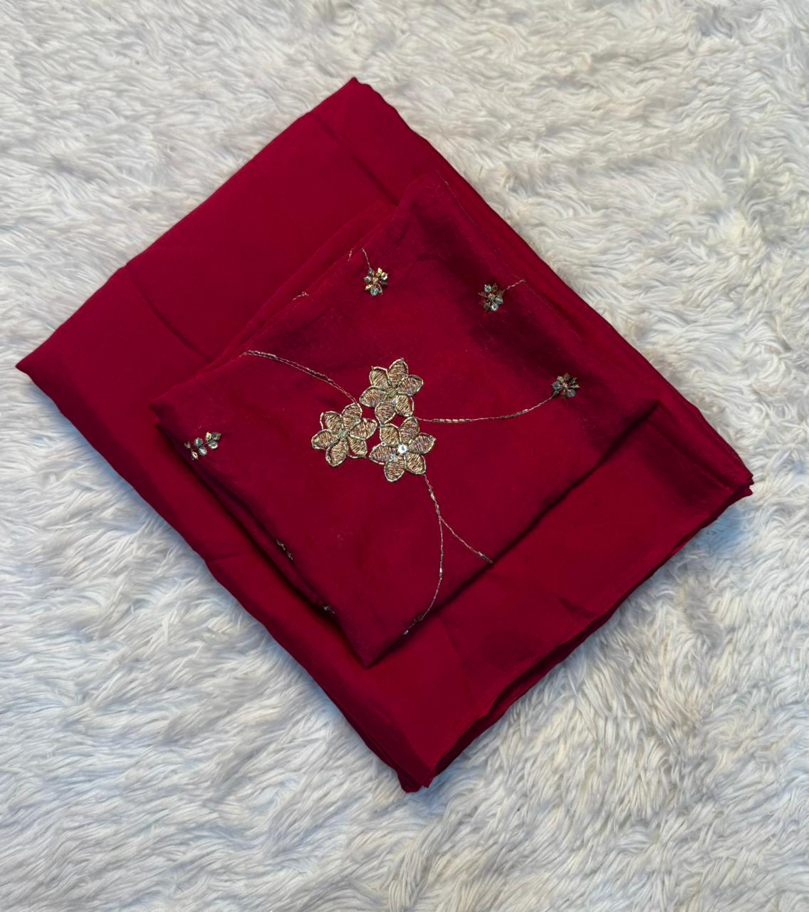 Opulent Function Wear Crush Silk Embroidery Sequence n Bids Work Fancy Saree With Blouse Piece