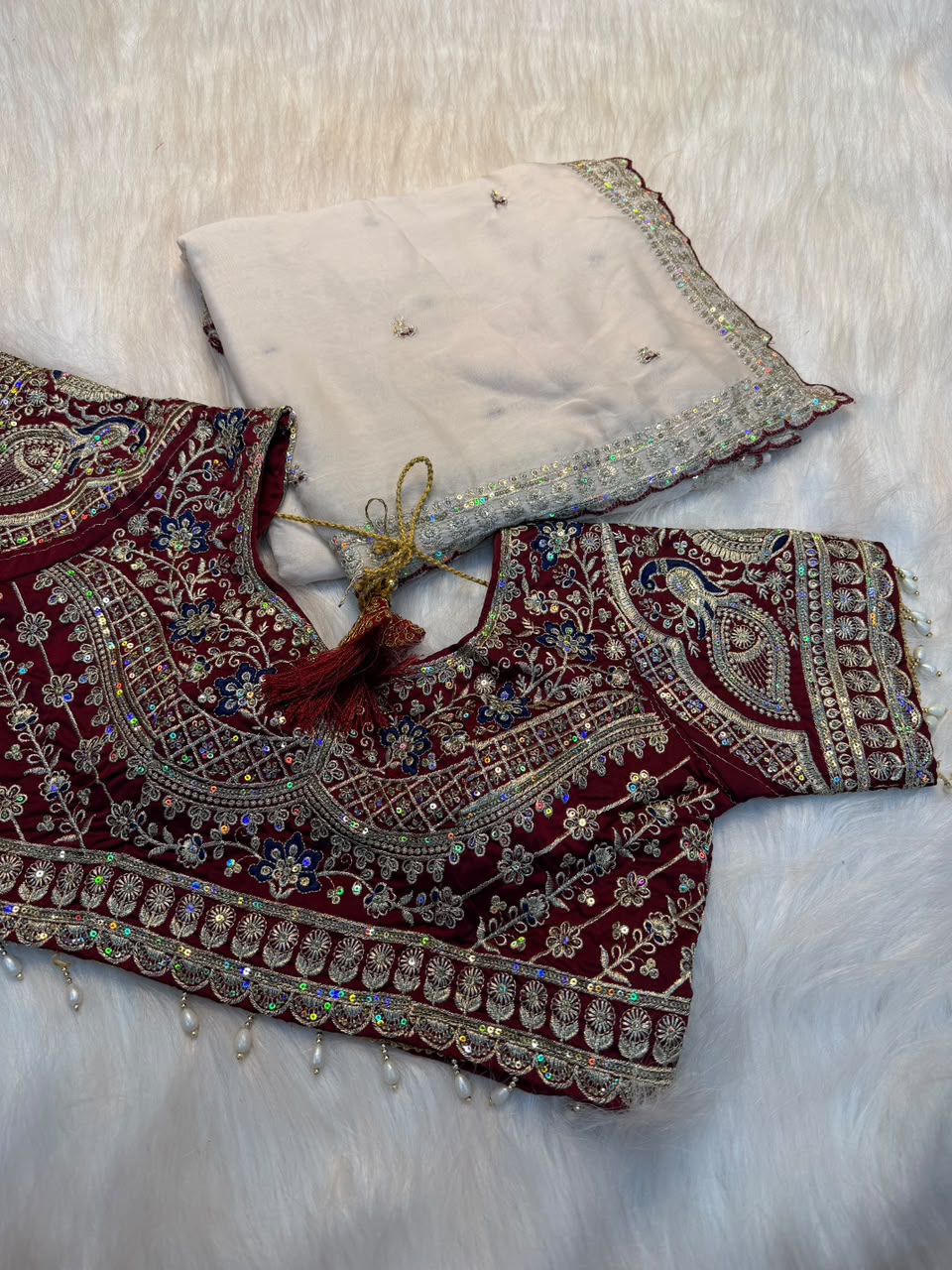 Regal Wedding Wear Satin Silk Sequence n Embroidery Work Butti Desginer Saree With Stitched Blouse
