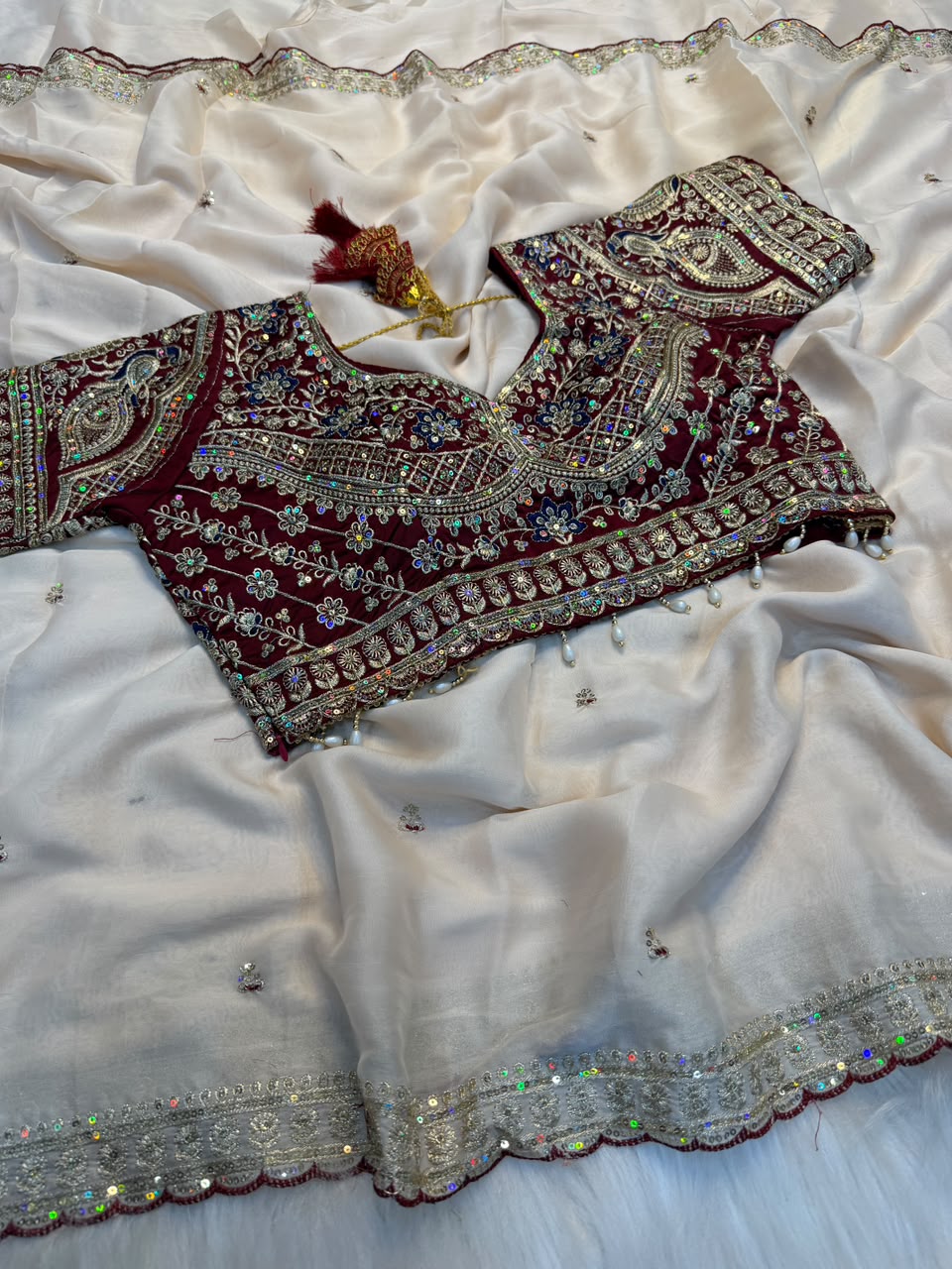 Regal Wedding Wear Satin Silk Sequence n Embroidery Work Butti Desginer Saree With Stitched Blouse