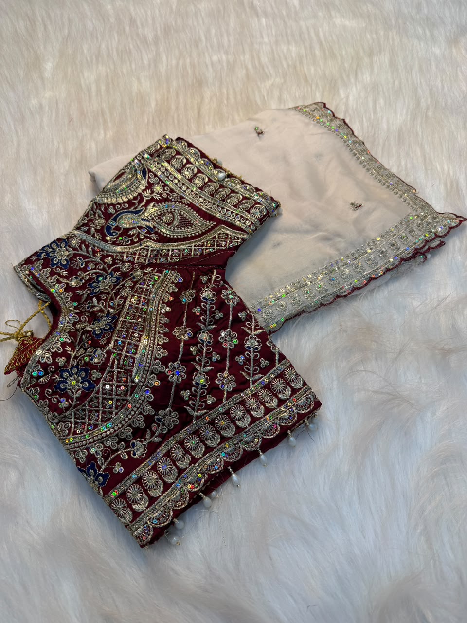 Regal Wedding Wear Satin Silk Sequence n Embroidery Work Butti Desginer Saree With Stitched Blouse