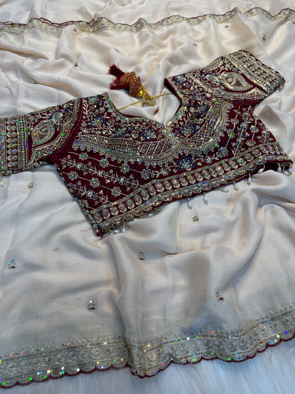 Regal Wedding Wear Satin Silk Sequence n Embroidery Work Butti Desginer Saree With Stitched Blouse