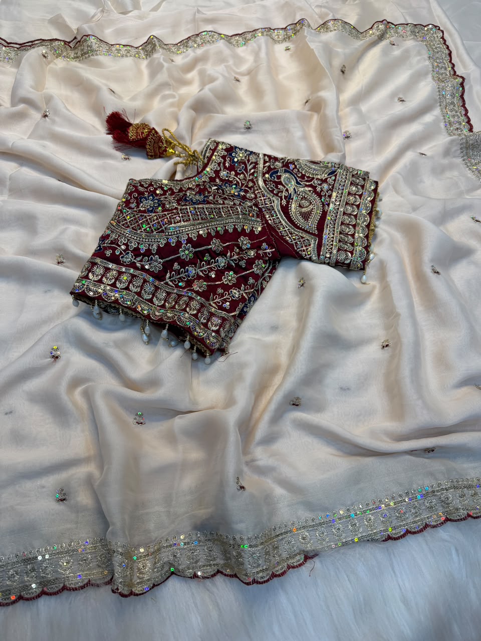 Regal Wedding Wear Satin Silk Sequence n Embroidery Work Butti Desginer Saree With Stitched Blouse