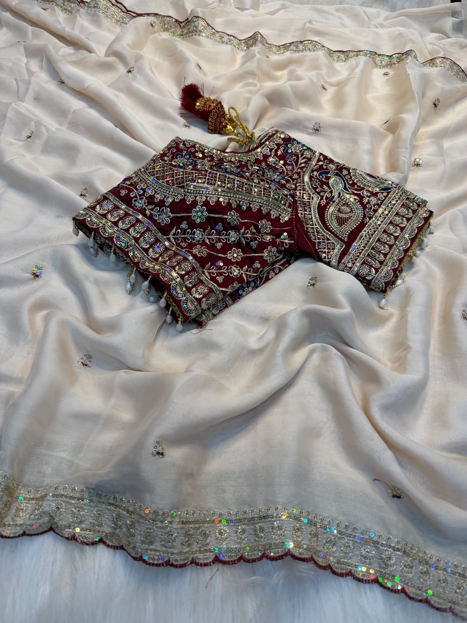 Regal Wedding Wear Satin Silk Sequence n Embroidery Work Butti Desginer Saree With Stitched Blouse