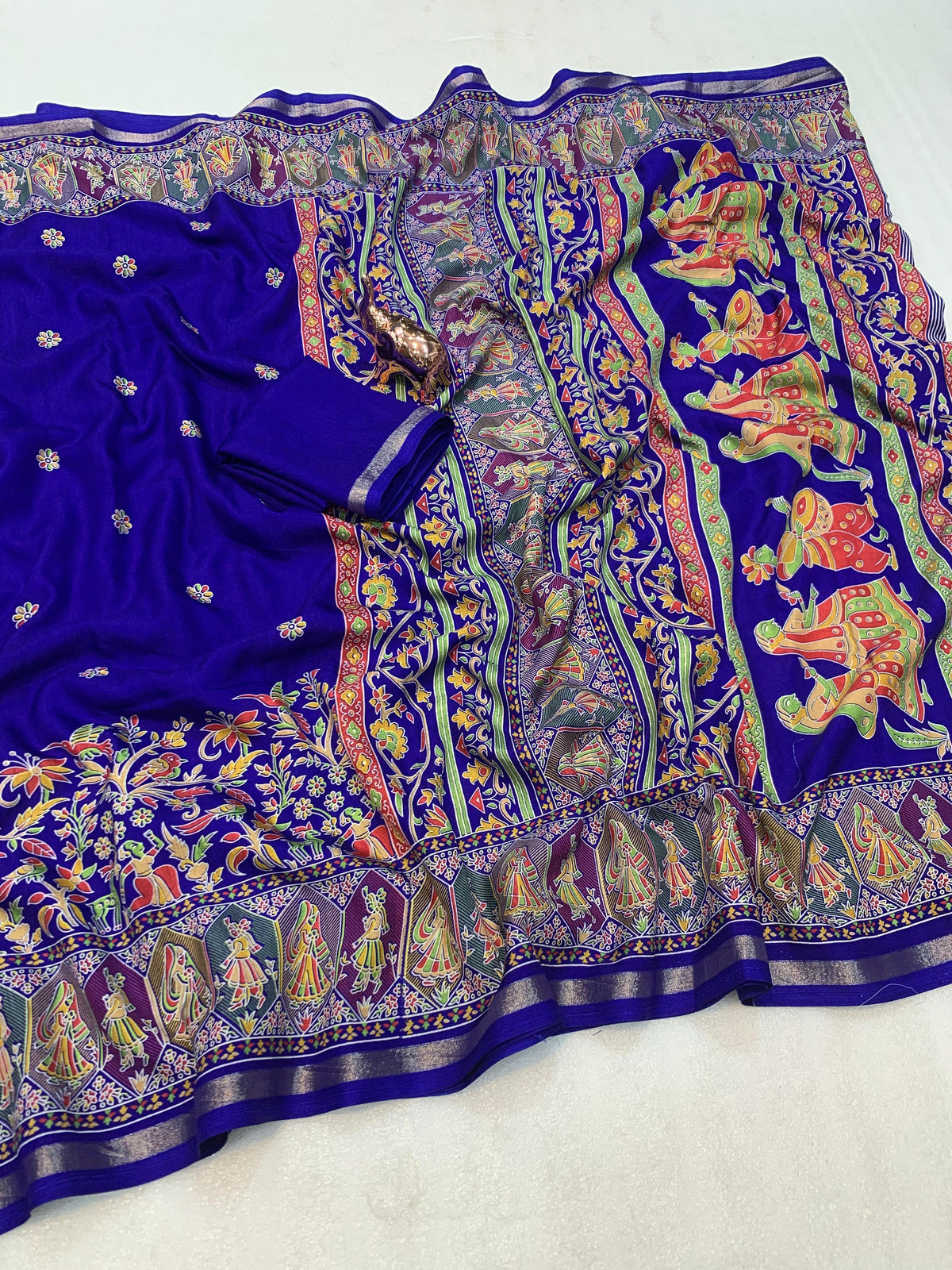 Desirable Function Wear Pure Soft Tussar Kashmiri Silk Printed n Zari Work Border Rich Pallu Fancy Saree With Blouse Piece