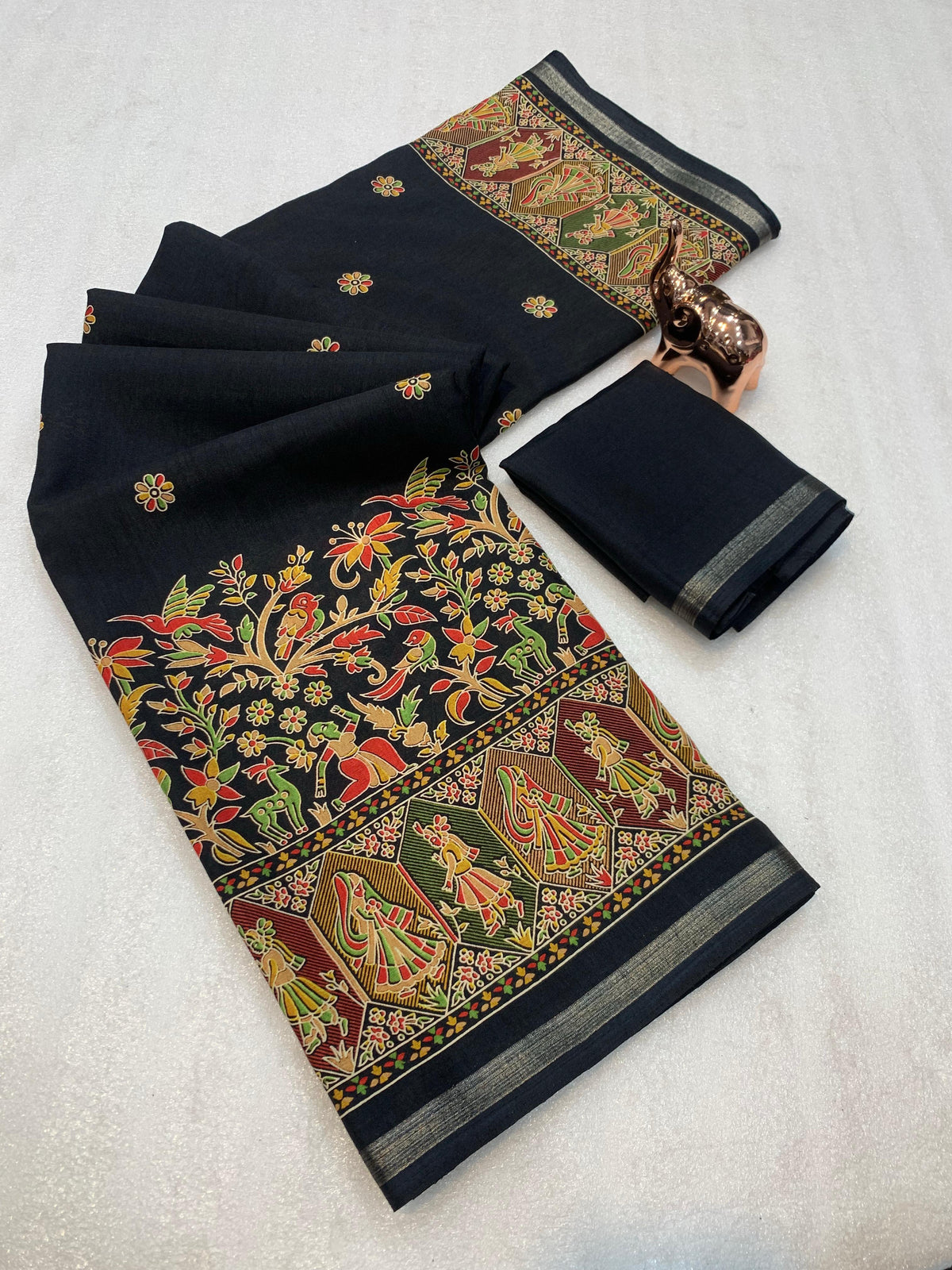 Desirable Function Wear Pure Soft Tussar Kashmiri Silk Printed n Zari Work Border Rich Pallu Fancy Saree With Blouse Piece