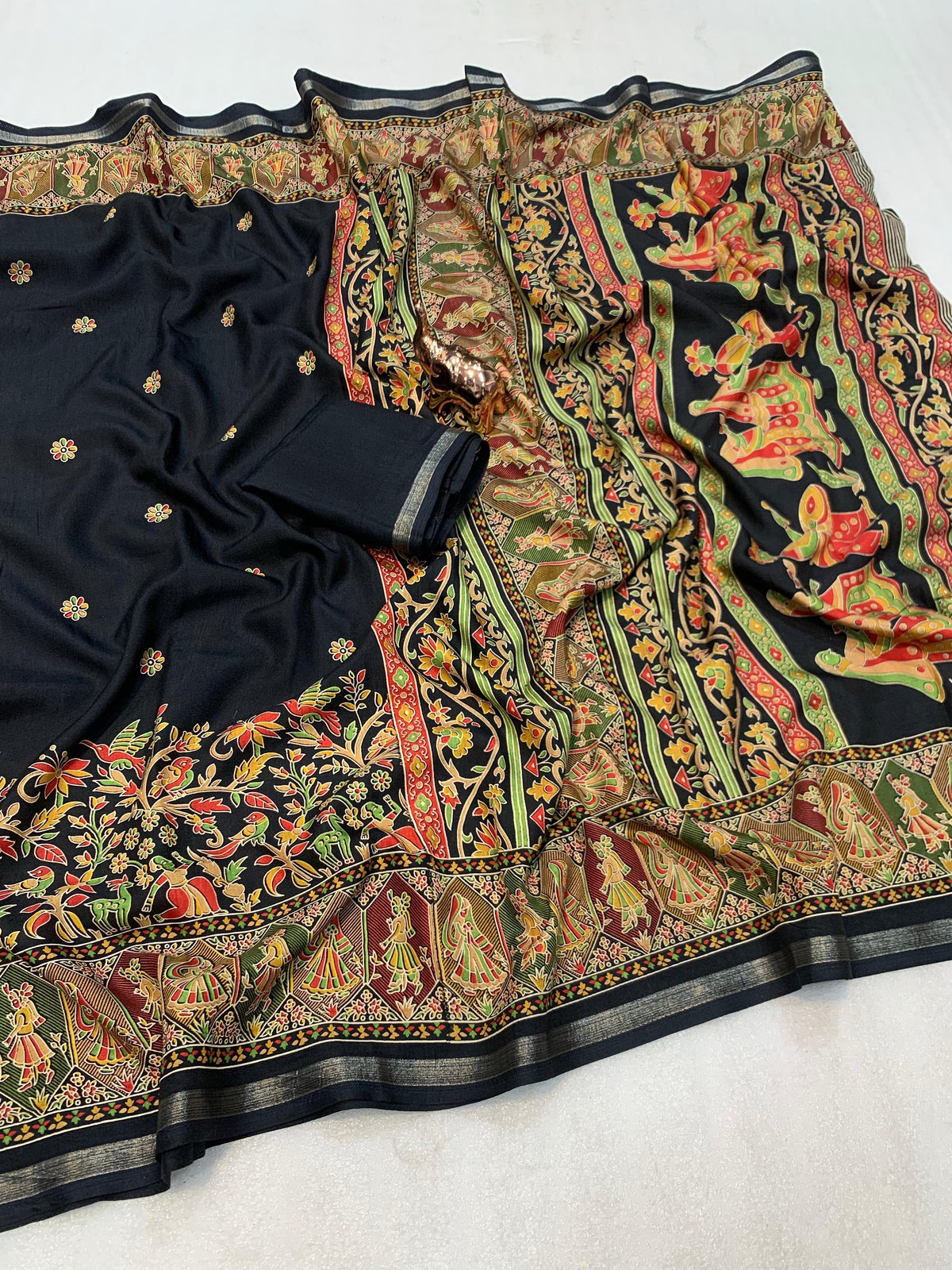 Desirable Function Wear Pure Soft Tussar Kashmiri Silk Printed n Zari Work Border Rich Pallu Fancy Saree With Blouse Piece
