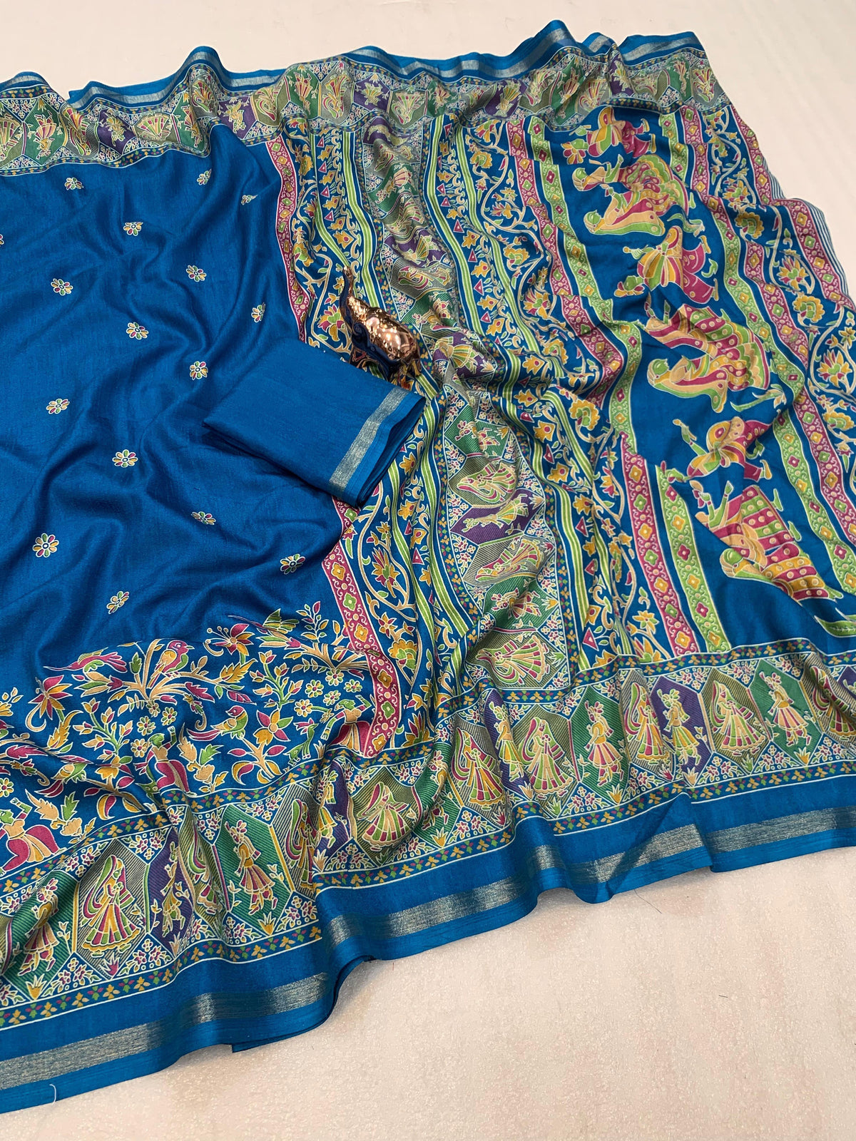 Desirable Function Wear Pure Soft Tussar Kashmiri Silk Printed n Zari Work Border Rich Pallu Fancy Saree With Blouse Piece