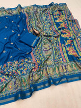 Load image into Gallery viewer, Desirable Function Wear Pure Soft Tussar Kashmiri Silk Printed n Zari Work Border Rich Pallu Fancy Saree With Blouse Piece
