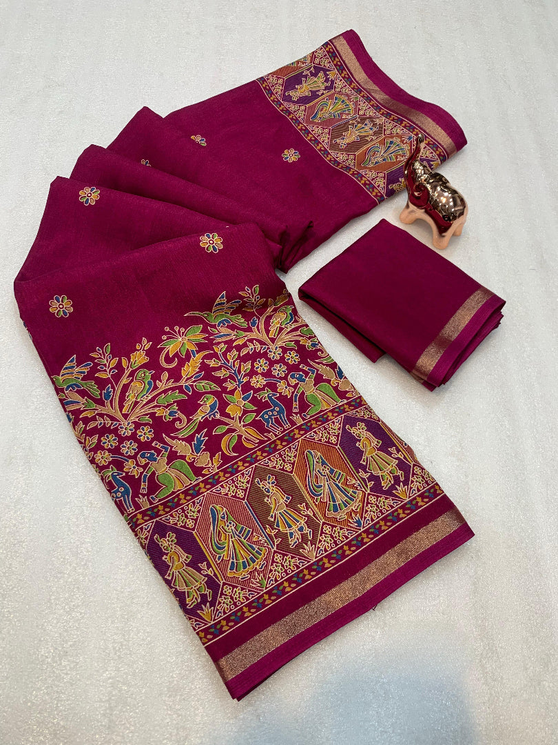 Desirable Function Wear Pure Soft Tussar Kashmiri Silk Printed n Zari Work Border Rich Pallu Fancy Saree With Blouse Piece