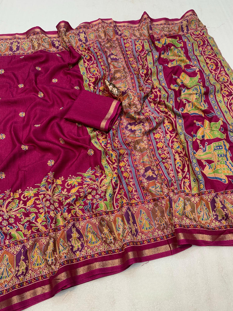 Desirable Function Wear Pure Soft Tussar Kashmiri Silk Printed n Zari Work Border Rich Pallu Fancy Saree With Blouse Piece
