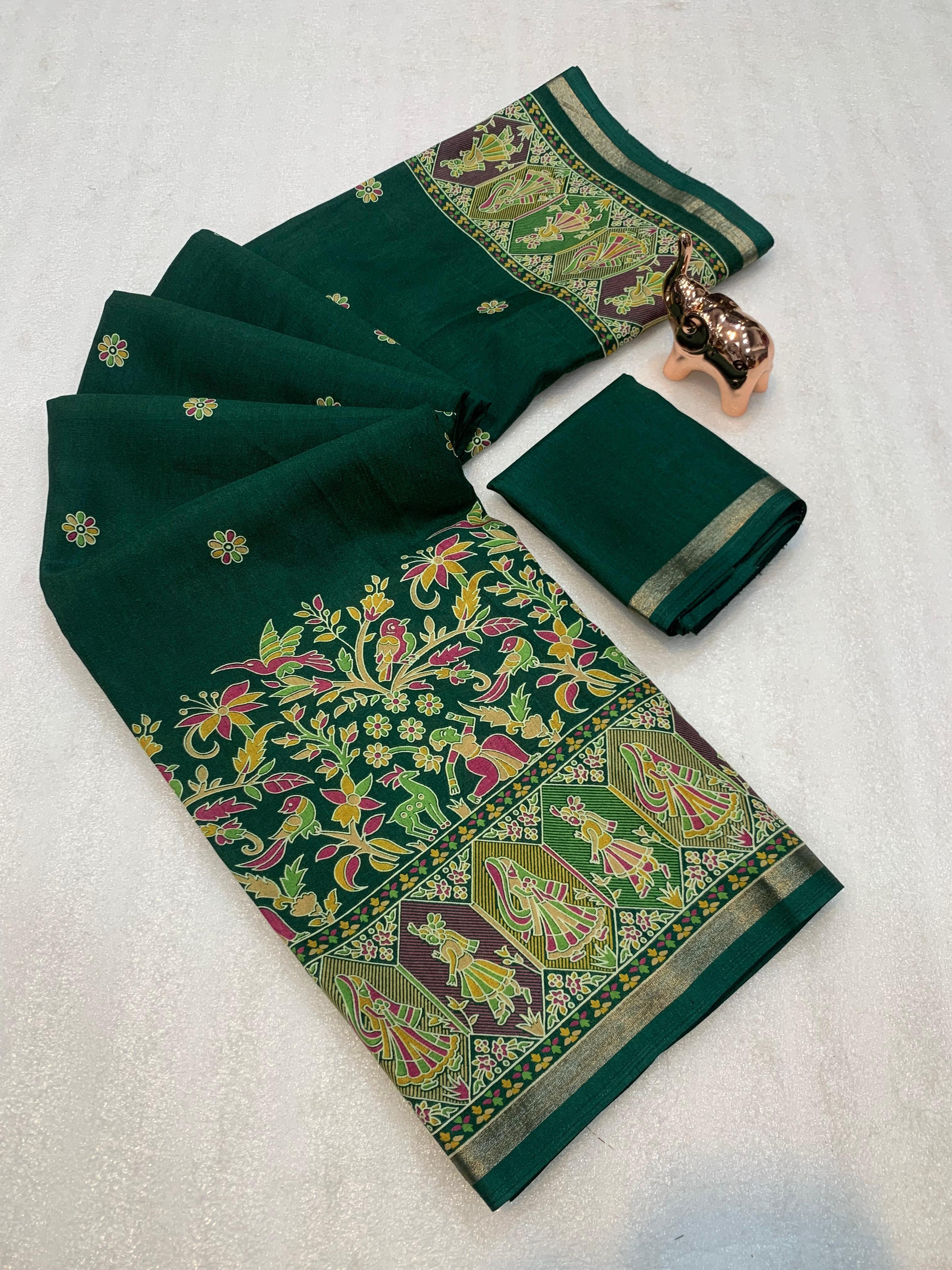 Desirable Function Wear Pure Soft Tussar Kashmiri Silk Printed n Zari Work Border Rich Pallu Fancy Saree With Blouse Piece
