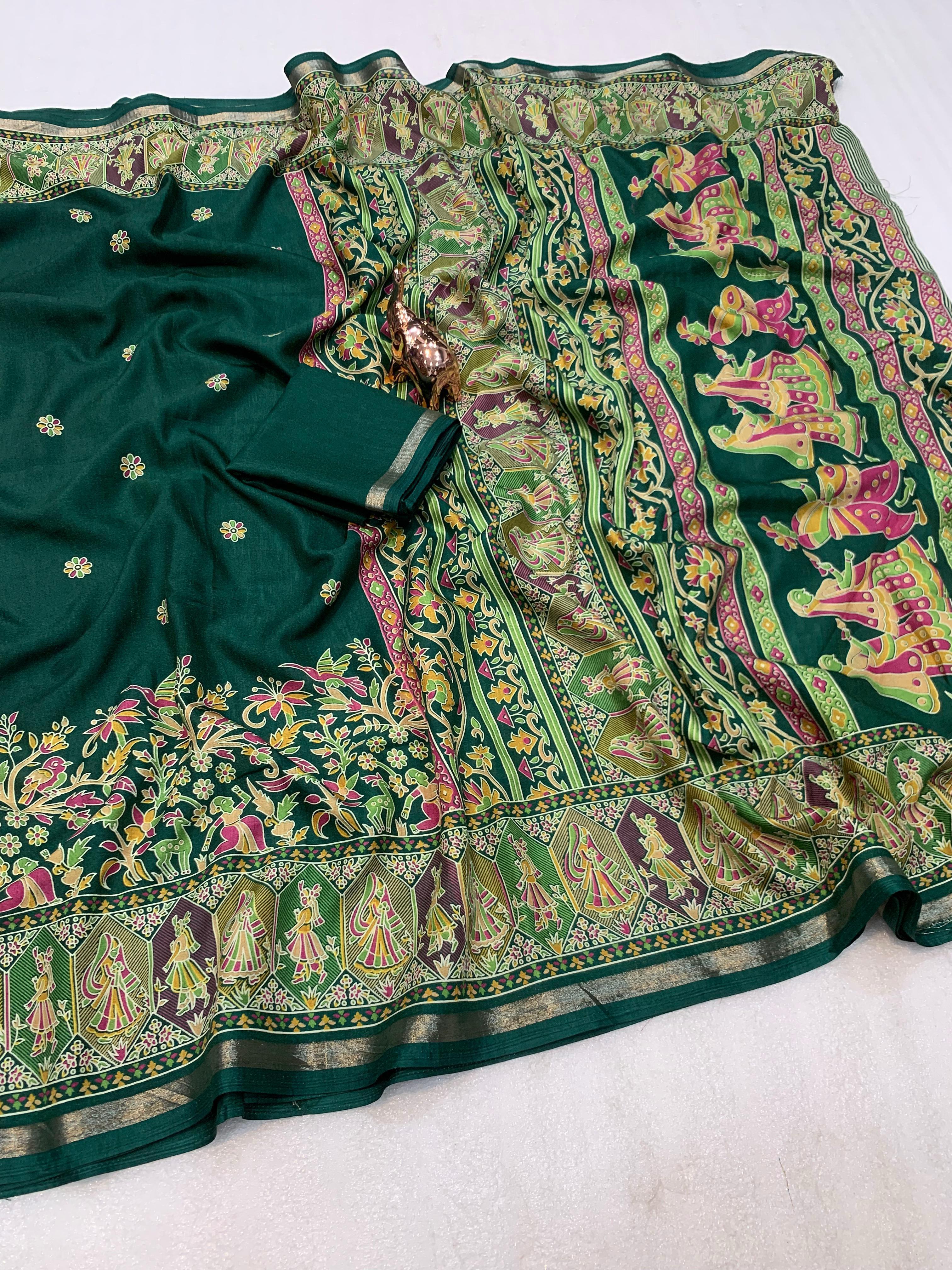 Desirable Function Wear Pure Soft Tussar Kashmiri Silk Printed n Zari Work Border Rich Pallu Fancy Saree With Blouse Piece