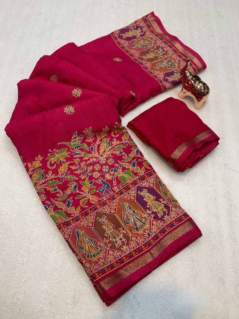Desirable Function Wear Pure Soft Tussar Kashmiri Silk Printed n Zari Work Border Rich Pallu Fancy Saree With Blouse Piece