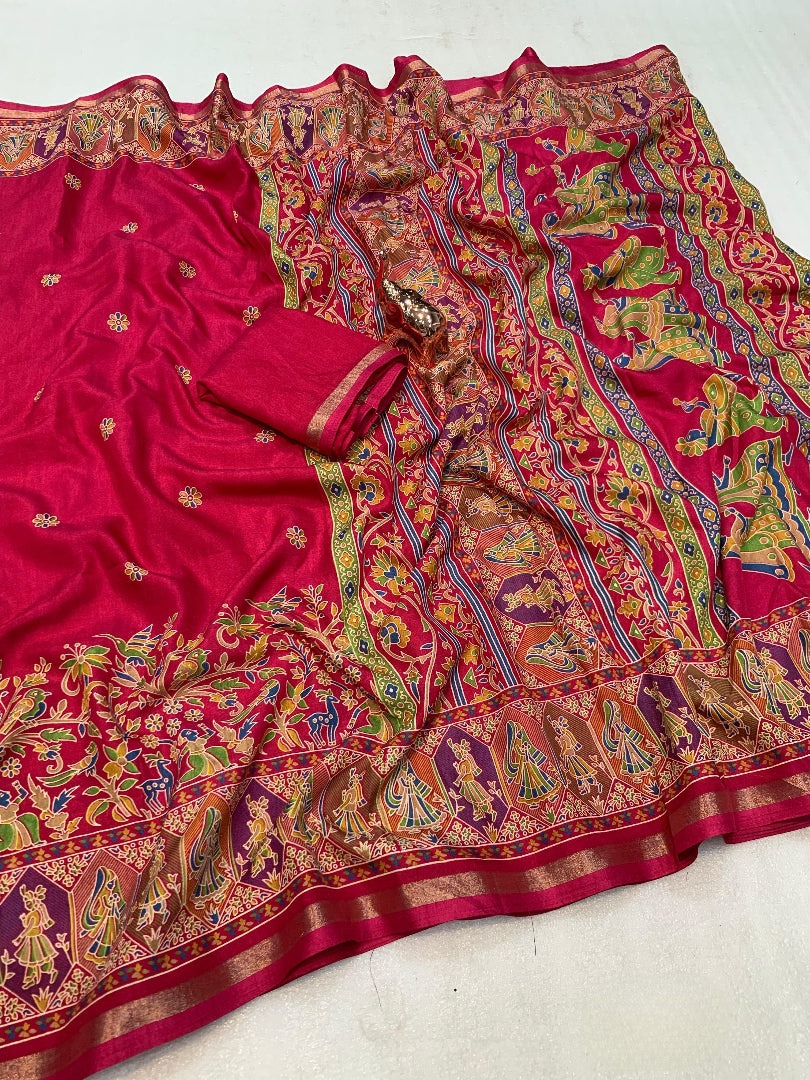 Desirable Function Wear Pure Soft Tussar Kashmiri Silk Printed n Zari Work Border Rich Pallu Fancy Saree With Blouse Piece