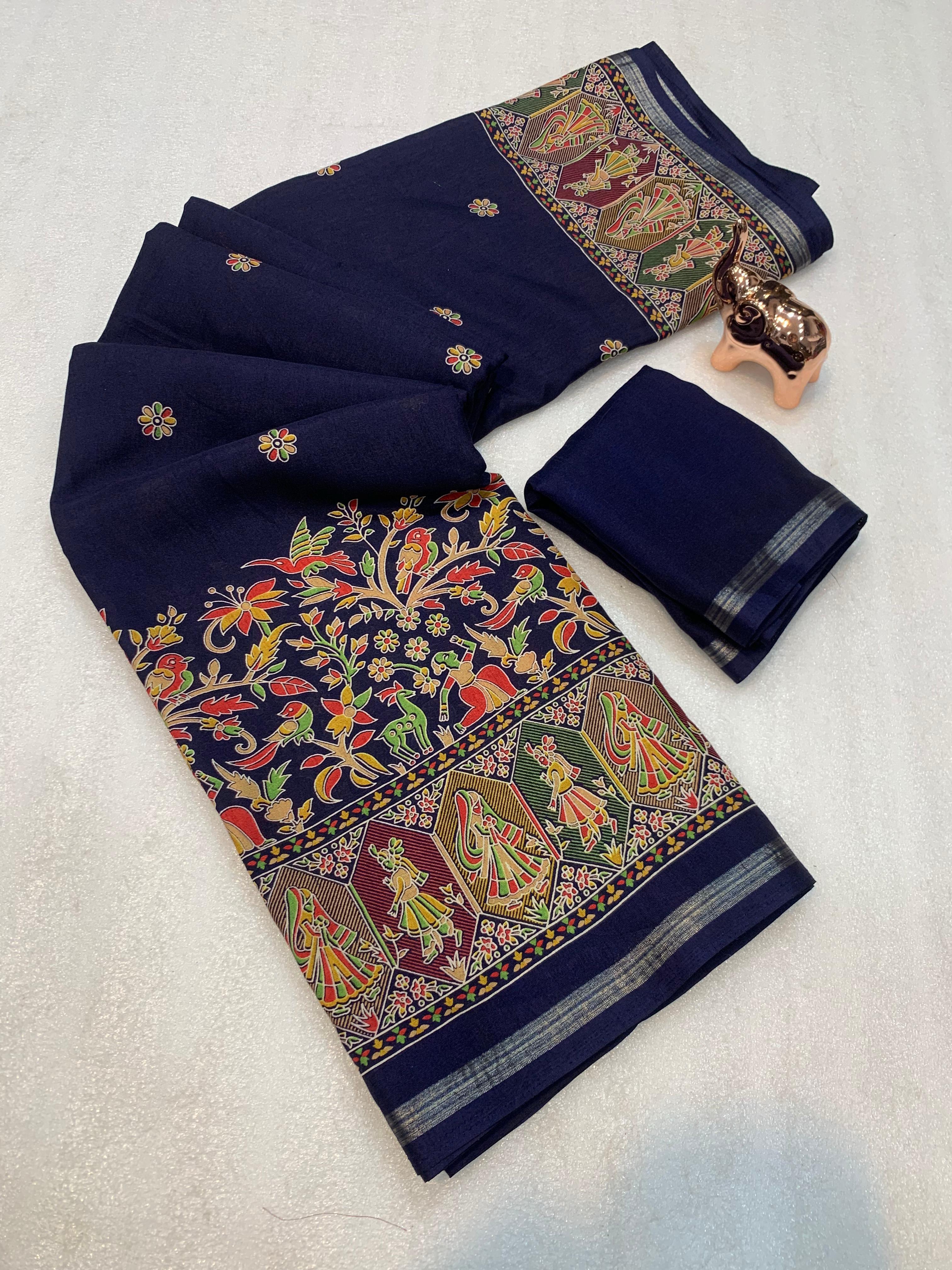 Desirable Function Wear Pure Soft Tussar Kashmiri Silk Printed n Zari Work Border Rich Pallu Fancy Saree With Blouse Piece