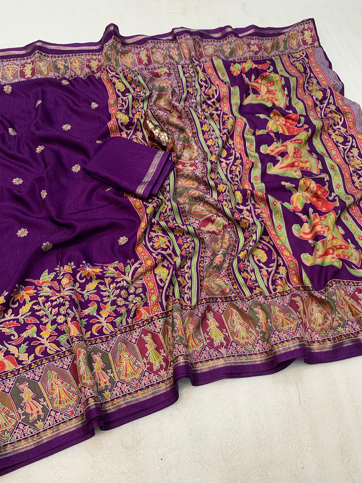 Desirable Function Wear Pure Soft Tussar Kashmiri Silk Printed n Zari Work Border Rich Pallu Fancy Saree With Blouse Piece