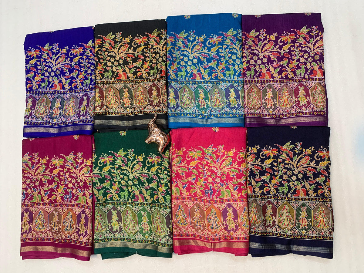 Desirable Function Wear Pure Soft Tussar Kashmiri Silk Printed n Zari Work Border Rich Pallu Fancy Saree With Blouse Piece