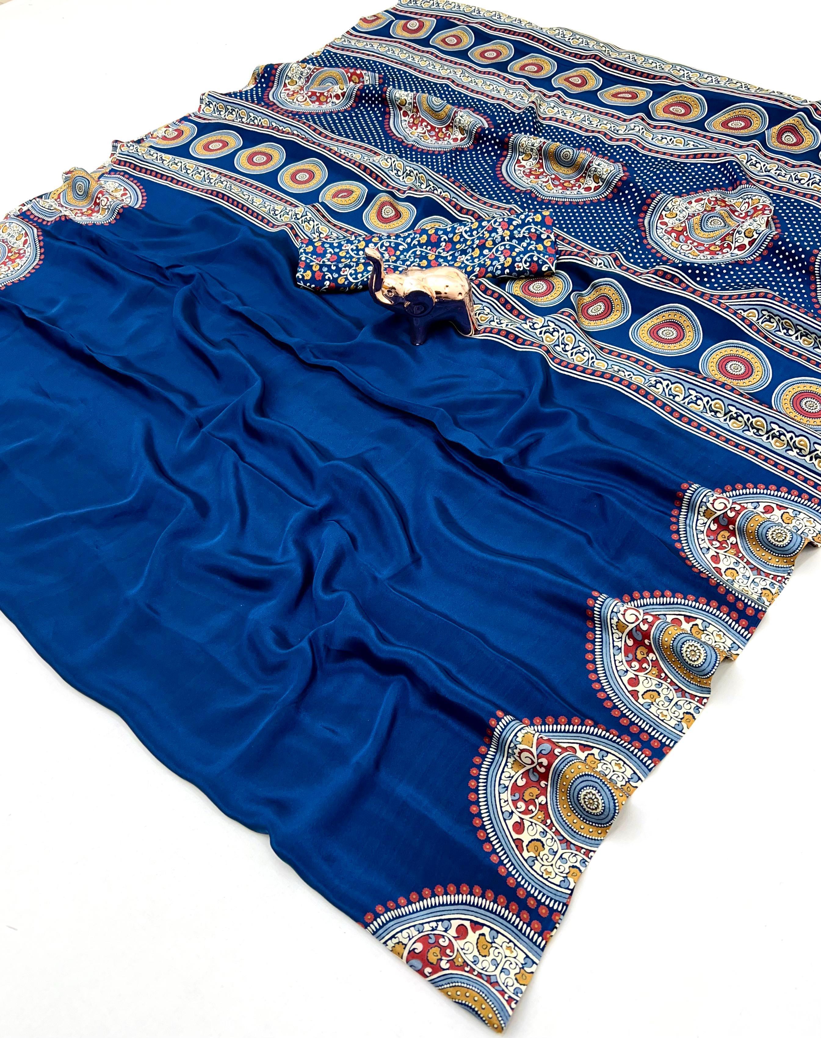 Graceful Festive Wear Pure Satin Silk Ajrak Printed Rich Pallu Work Fancy Saree With Blissful Blouse Piece