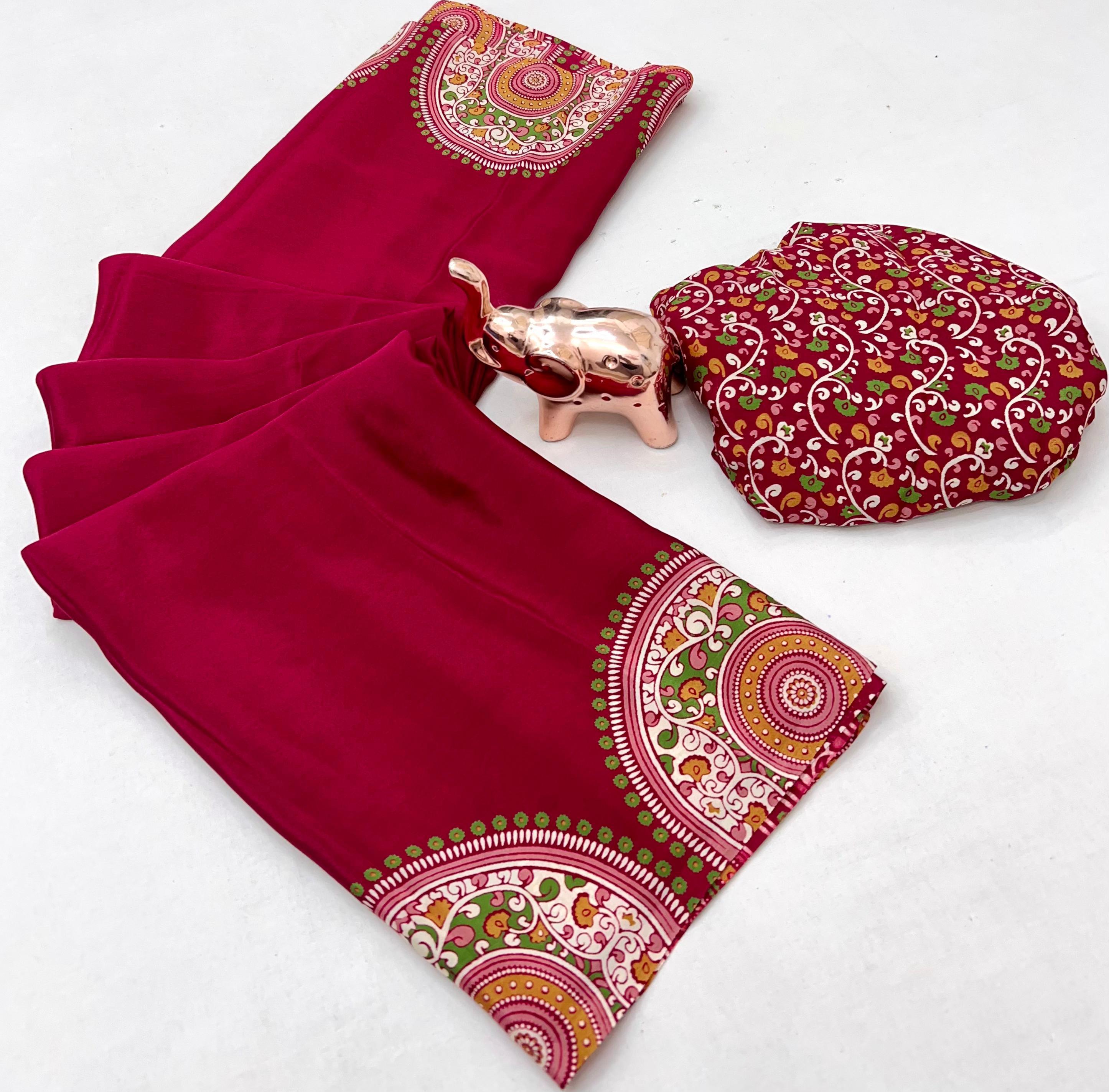 Graceful Festive Wear Pure Satin Silk Ajrak Printed Rich Pallu Work Fancy Saree With Blissful Blouse Piece