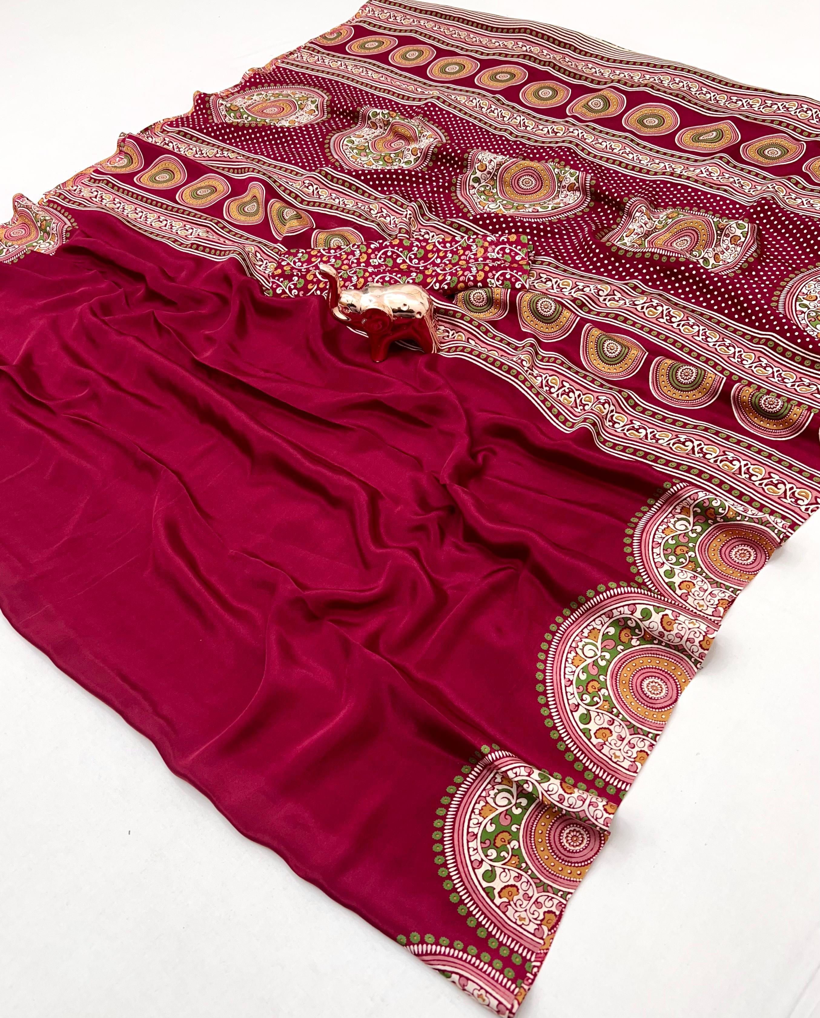 Graceful Festive Wear Pure Satin Silk Ajrak Printed Rich Pallu Work Fancy Saree With Blissful Blouse Piece