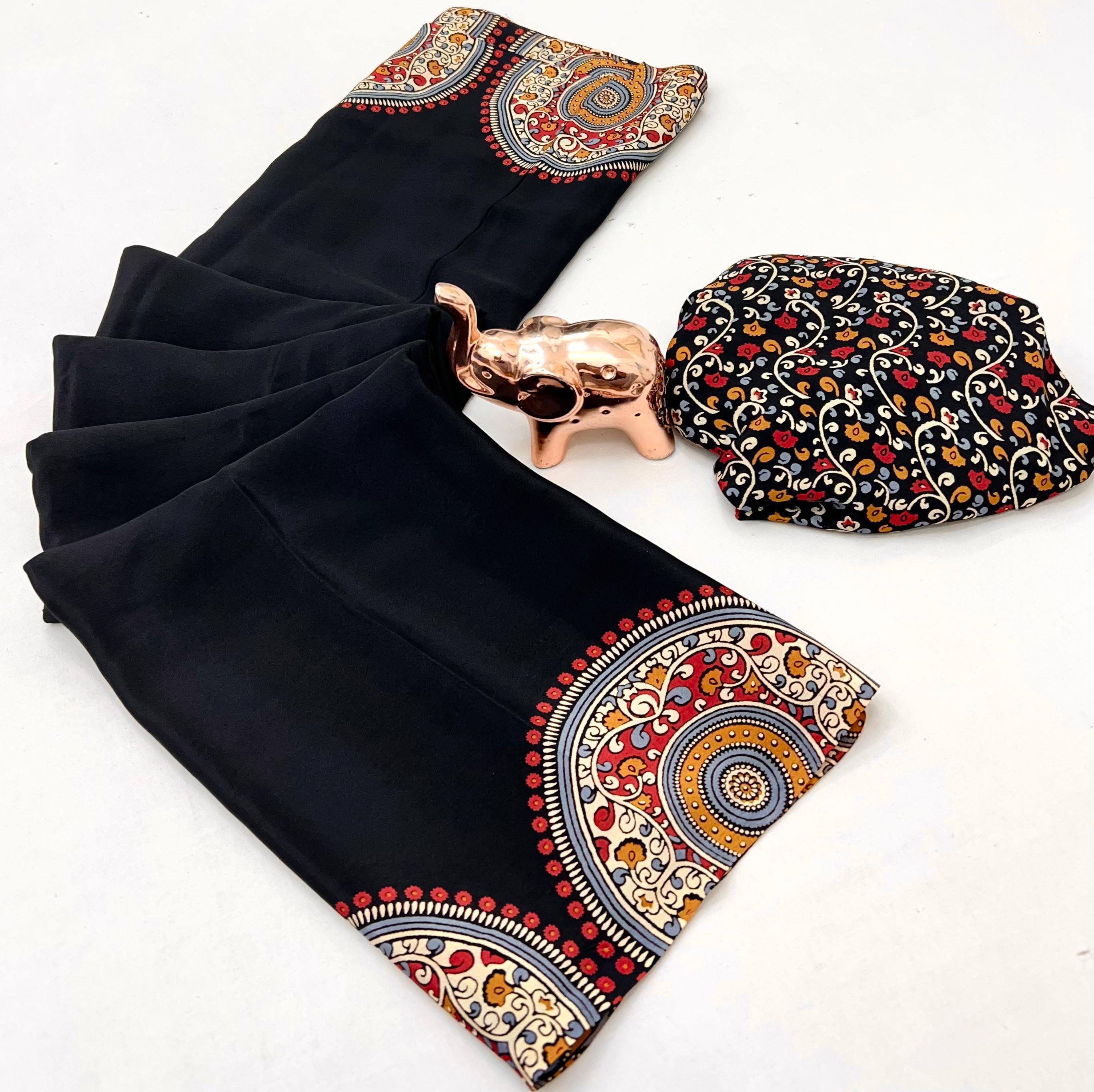 Graceful Festive Wear Pure Satin Silk Ajrak Printed Rich Pallu Work Fancy Saree With Blissful Blouse Piece